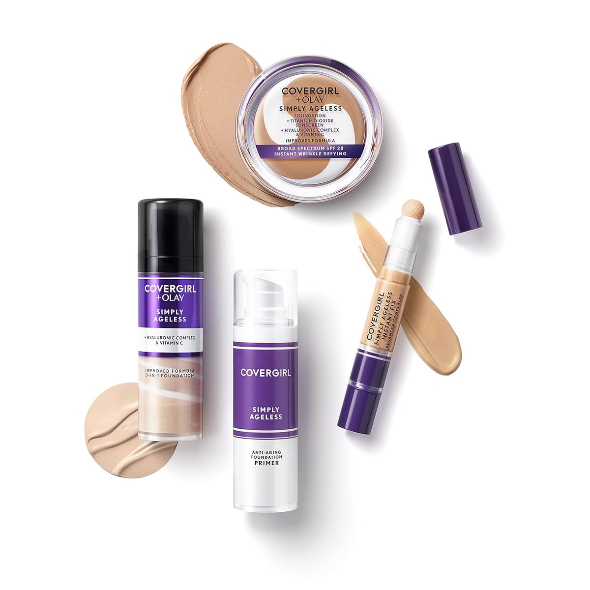 COVERGIRL Simply Ageless Instant Wrinkle Defying Foundation, SPF 28, Hyaluronic Complex & Vitamin C - 235 Medium Light, Pack of 1