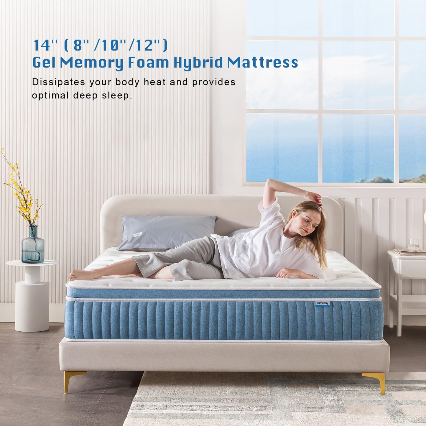 Rimensy King Mattress, 14 Inch Hybrid Mattress in a Box, Gel Foam Mattress, Individually Wrapped Pocket Coils Innerspring Mattress, Support & Pressure Relief, Medium, 76"*80"*14"