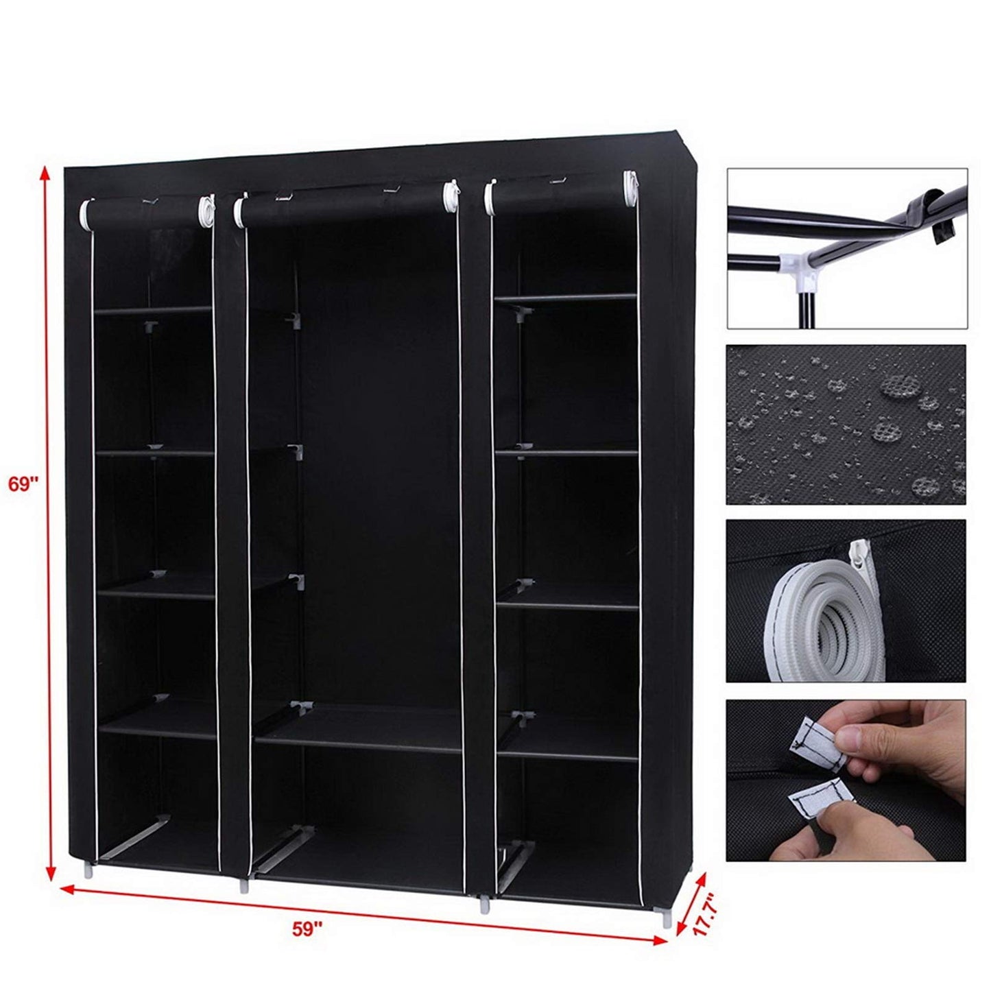 Piler 69" Portable Wardrobe Closet with Non-Woven Fabric - Quick & Easy to Assemble, Extra Strong & Durable Black Closet Organizer for Bedroom Storage