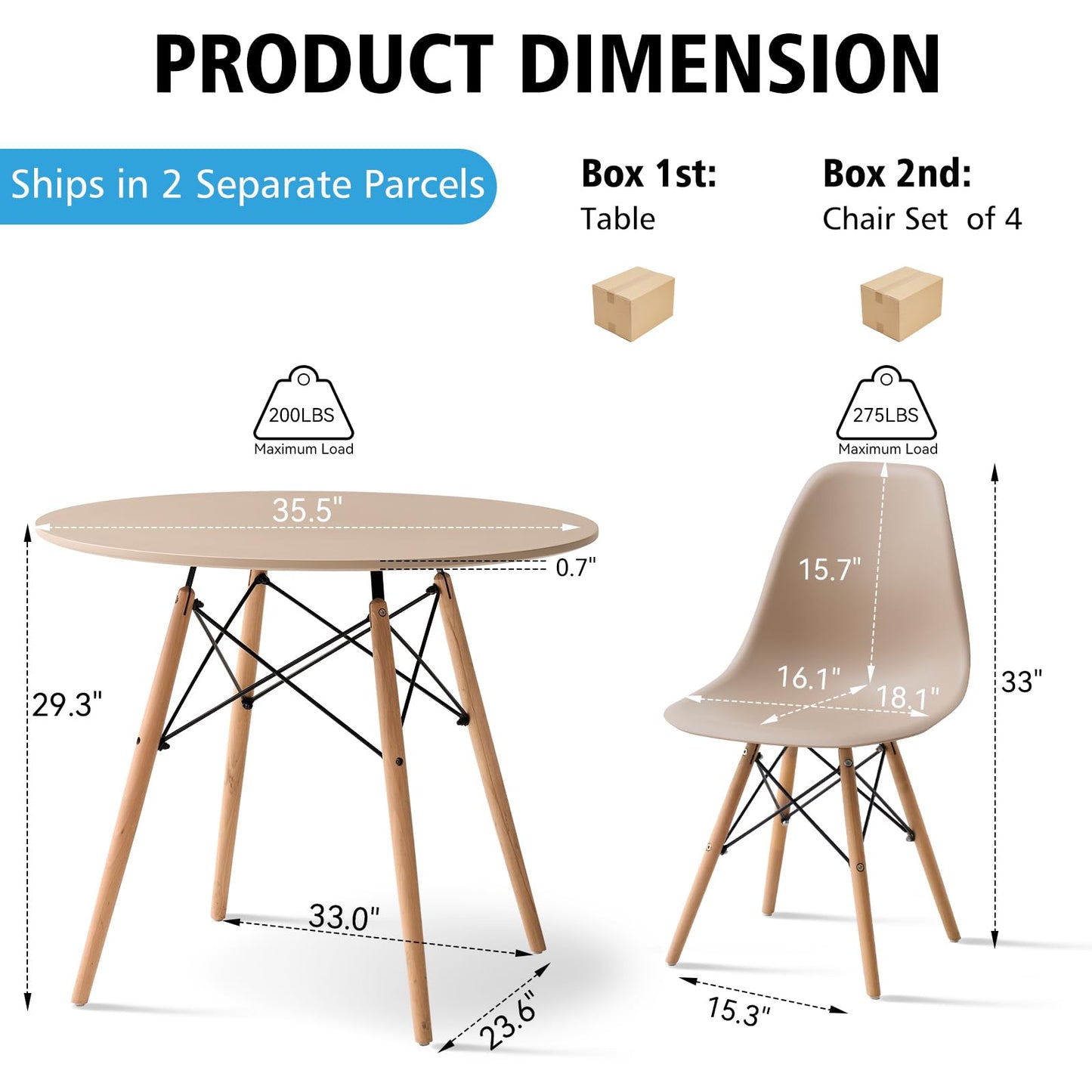 Lecafur HL 5-Piece Round Dining Table Set, Small 35.5" Kitchen Table Chairs Set of 4 Space Saving Furniture, Plastic Seats, Solid Wood Legs, for Living Room Apartment Office Home, Sand