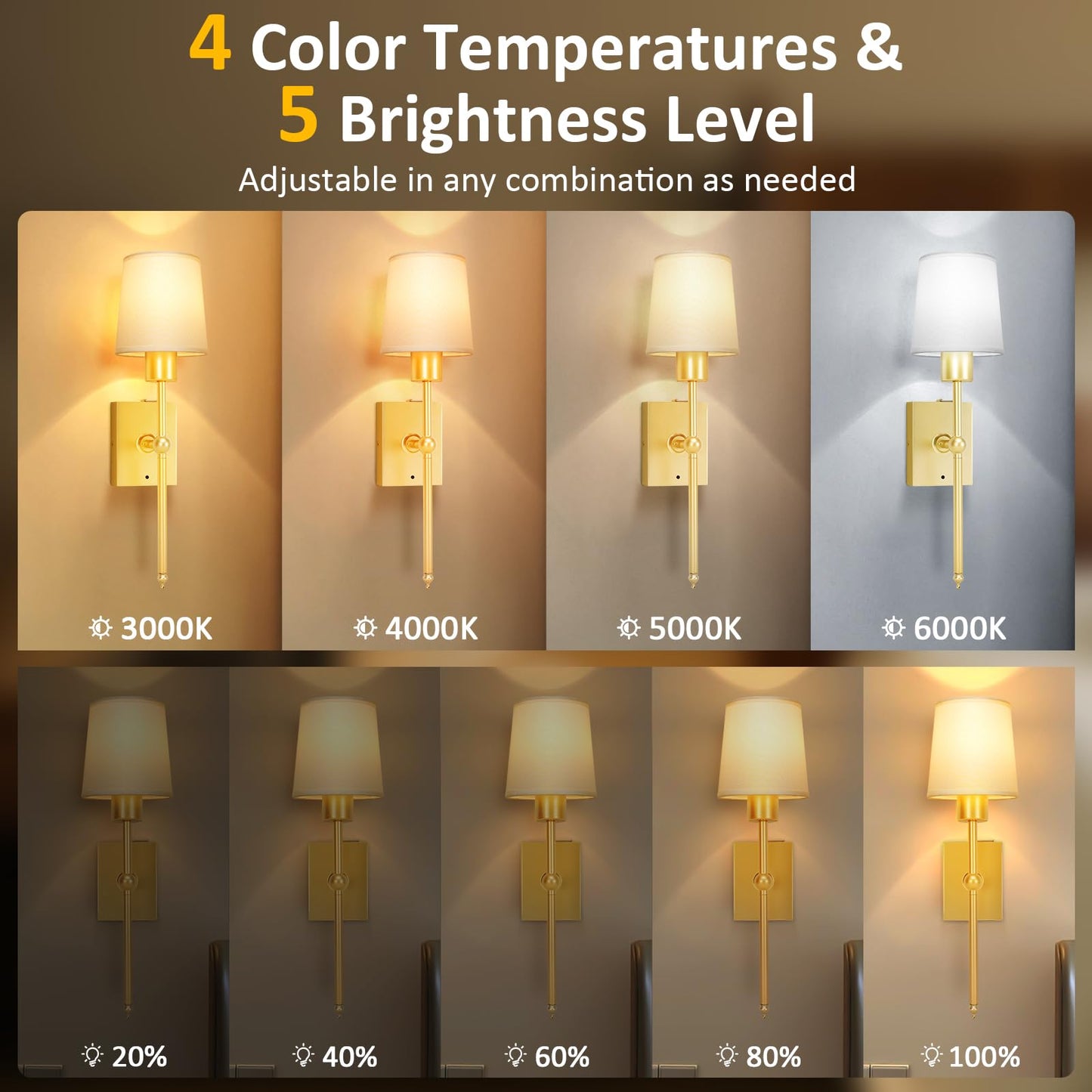YINDUZ Battery Operated Wall Sconces Set of 2 - Gold Rechargeable Wall Lights with Remote Control, 4CCT and 5 Brightness Battery Powered Wall Sconces for Bedroom and Living Room