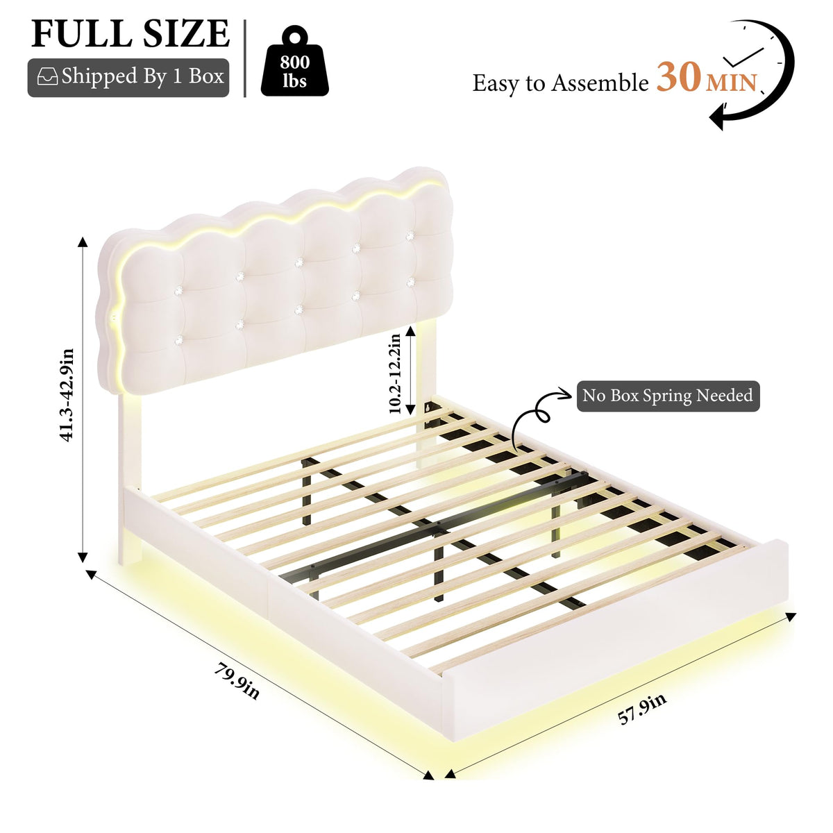 HIFIT Upholstered Full Size LED Bed Frame with Charging Station and Adjustable Crystal Button-Tufted Puffs Headboard, Velvet Princess Floating Platform Bed Frames for Girls, No Box Spring Needed,Beige