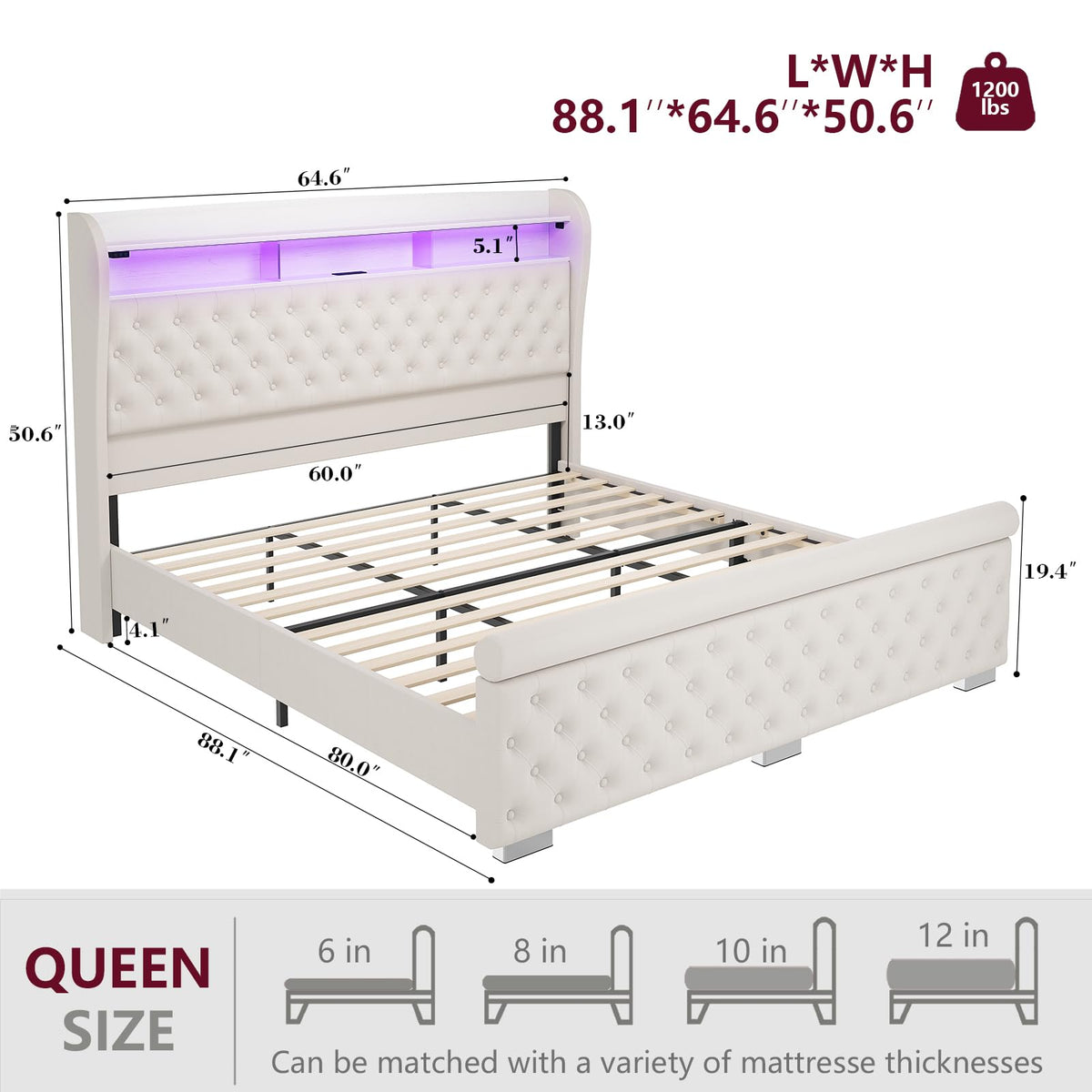 ROCHECASA Queen Bed Frame with Bookcase Storage and Charging Station, 50.6" Tall Velvet Upholstered Sleigh Bed with LED Light, No Box Spring Needed, Easy Assemble, Cream