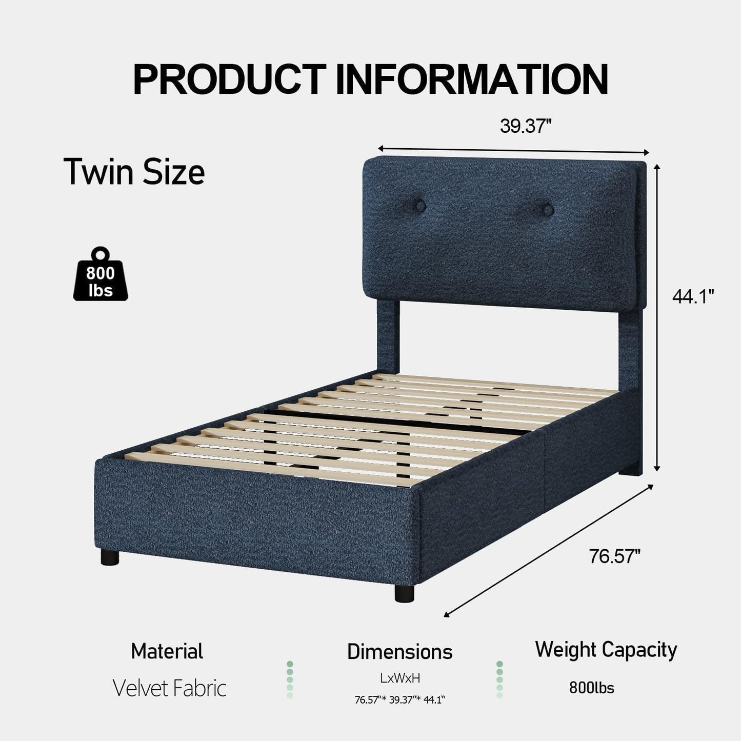 CHABUILDREARK Blue Twin Bed Frame, Upholstered Boucle Platform Bed with Headboard, Cloud Bed Frames with Soft Headboard, Wooden Slats Support, No Box Spring Needed, Easy Assembly, Navy Blue