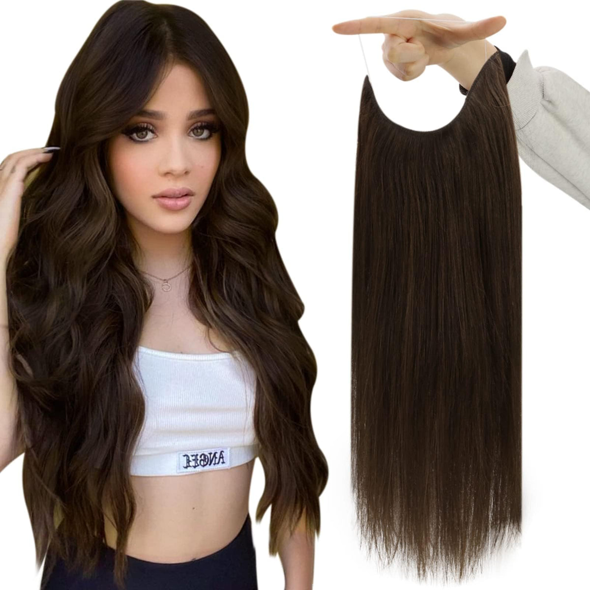 Fshine Wire Hair Extensions Dark Brown Human Hair Extensions Clip ins Straight Wire Couture Extensions Transparent Headband Fish Line Hairpiece 10 Inch 50G
