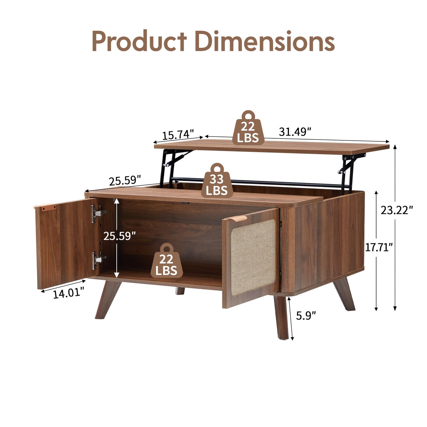 AVZEAR Wood Lift Top Coffee Table with Storage, Mid Century Modern Coffee Table with Nature Linen Doors & Large Hidden Storage, Curved Edge Center Table Farmhouse Coffee Tables for Living Room, Walnut
