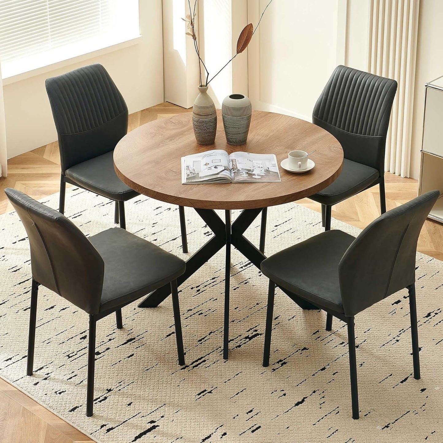 Pandolfini 37 Inch Round Dining Table Set for 4, Mid Century Modern Coffee Set for Dining Room Kitchen Apartment (Walnut Wood Color Table + 4 Dark Grey Chairs)