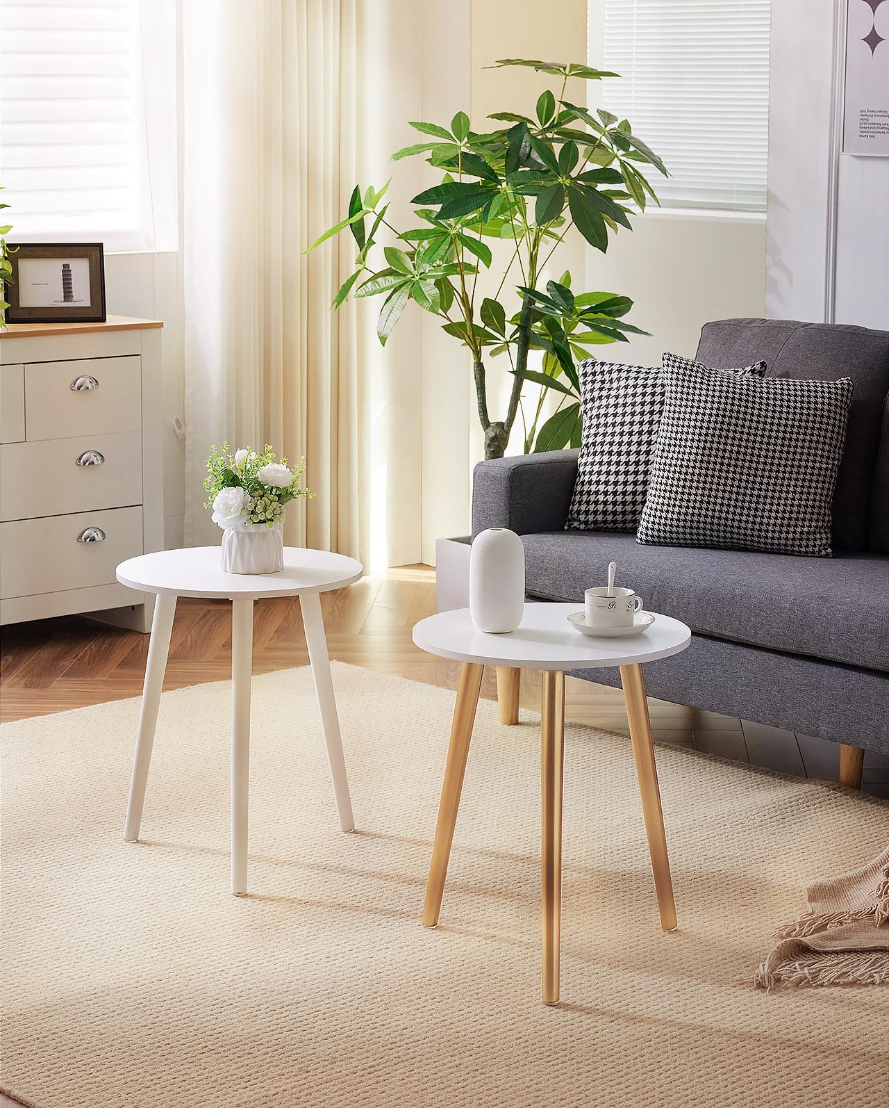 Apicizon Round Side Table Set of 2, White Nightstand Coffee End Table for Living Room, Bedroom, Small Spaces, Morden Side Table Home Decor Bedside with Wood Legs 16.5 Inches