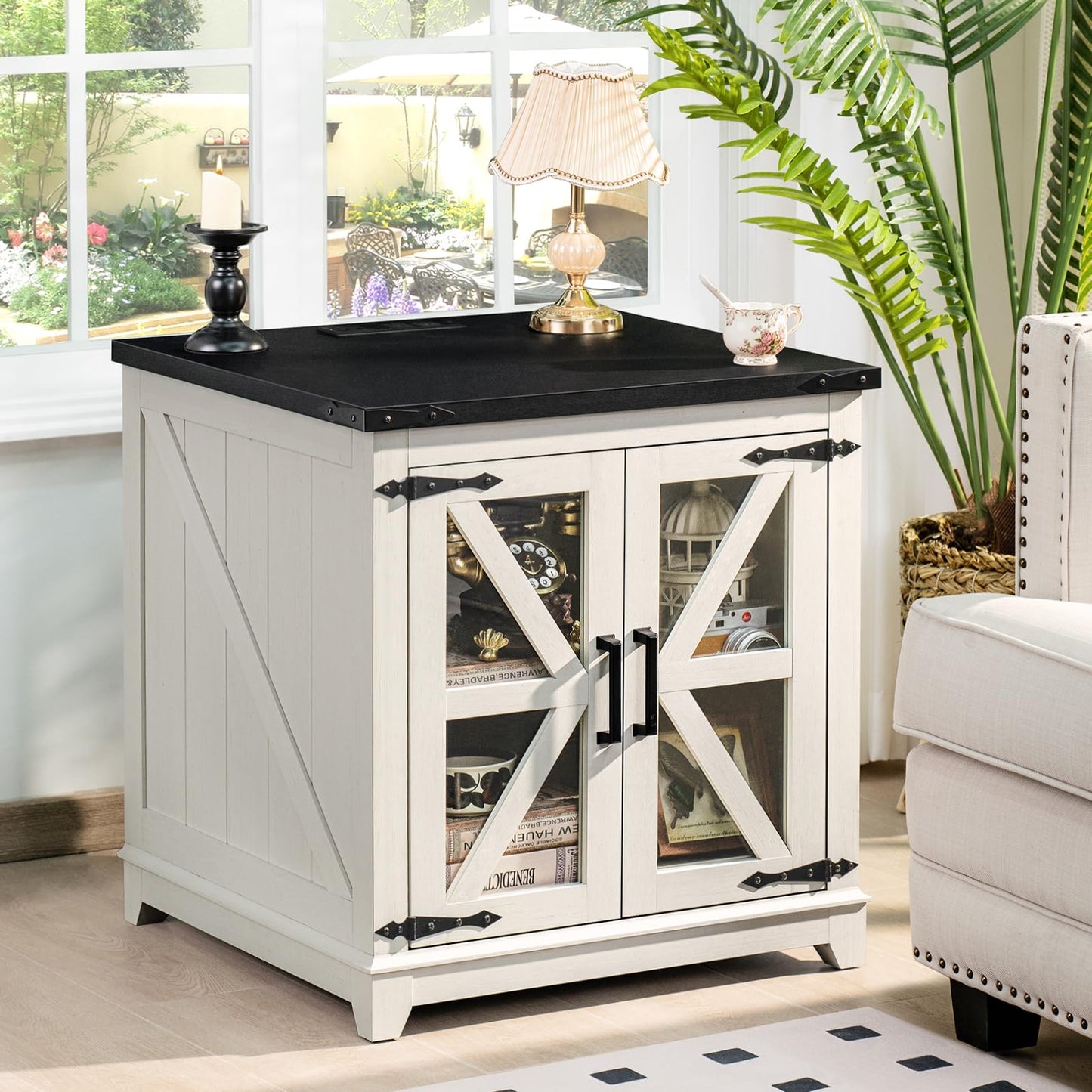 Farmhouse Coffee Table Sets 3 Pieces, Large End Side Tables with Charging Station and Coffee Table with Hidden Storage Compartment, White Living Room Table Set, Wood Furniture Sets for Home Office
