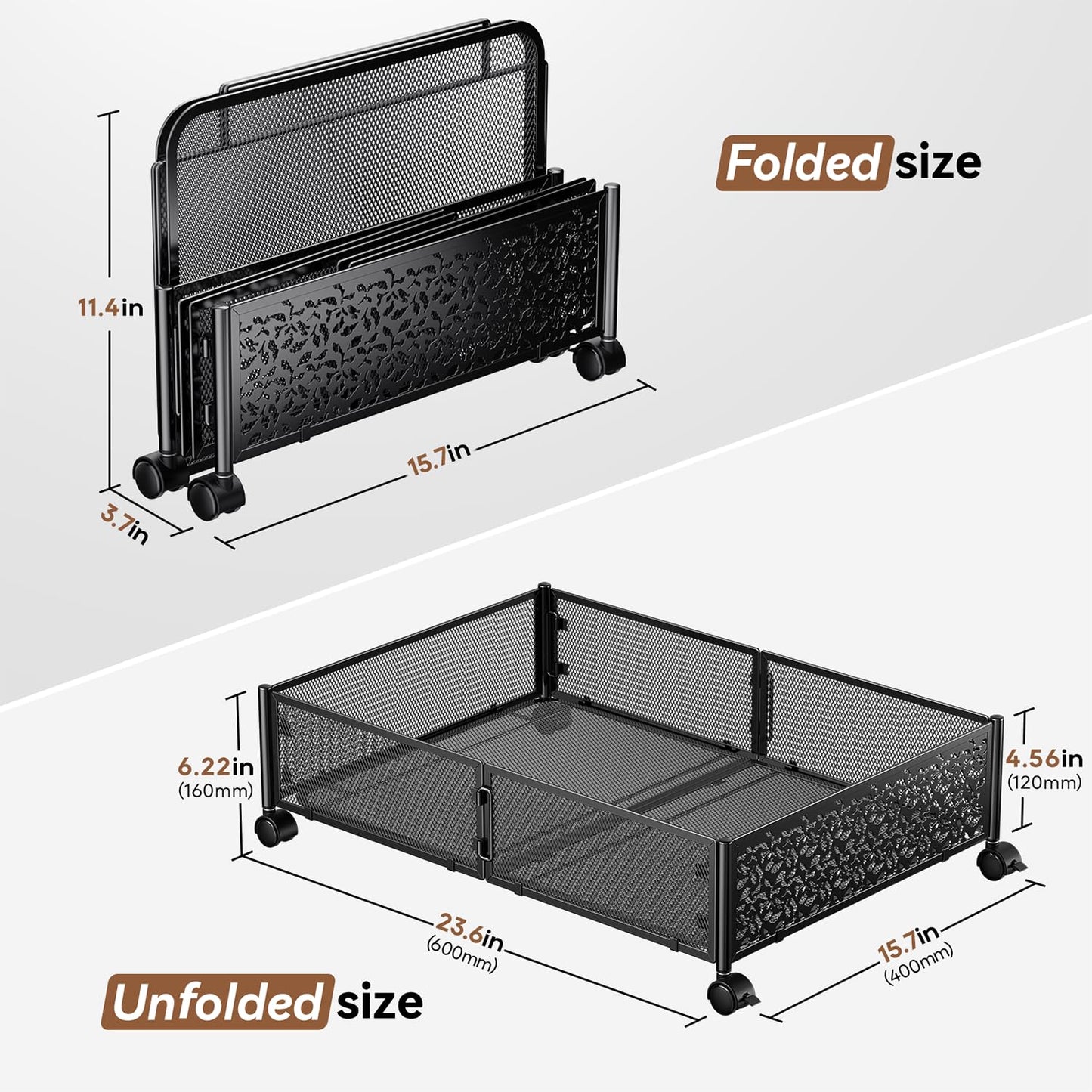 Under Bed Storage Containers with Wheels, Under Bed Shoe Storage Organizer Drawer, Tool-free Assembly Metal Storage Containers for Bedroom Clothes Shoes Blankets -2PCK