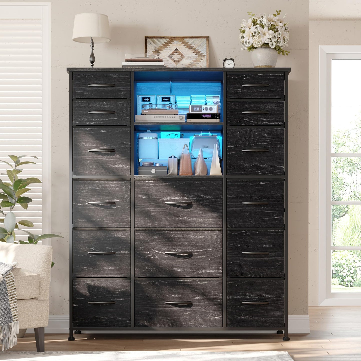 EnHomee 51" H Tall Dresser with 15 Drawers Dresser for Bedroom with Charging Station & LED Lights & Hutch Sturdy Black Bedroom Dressers, Steel Frame, Wood Top, 51.2" H x 39.3" W x 11.8" D
