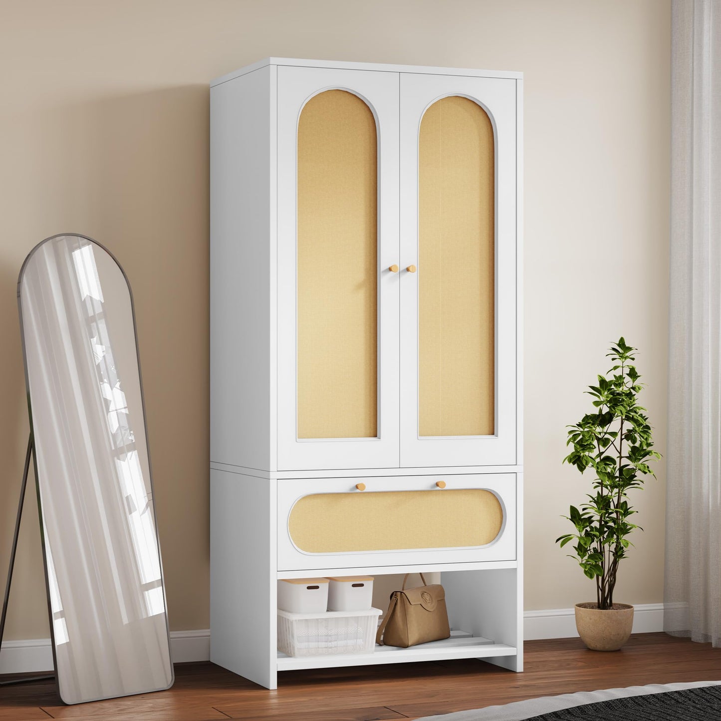 YITAHOME Rattan Wardrobe Closet Set of 2 70" Tall Rattan Armoire with Doors, Large Storage Cabinet with Drawers & Hanging Rod-White
