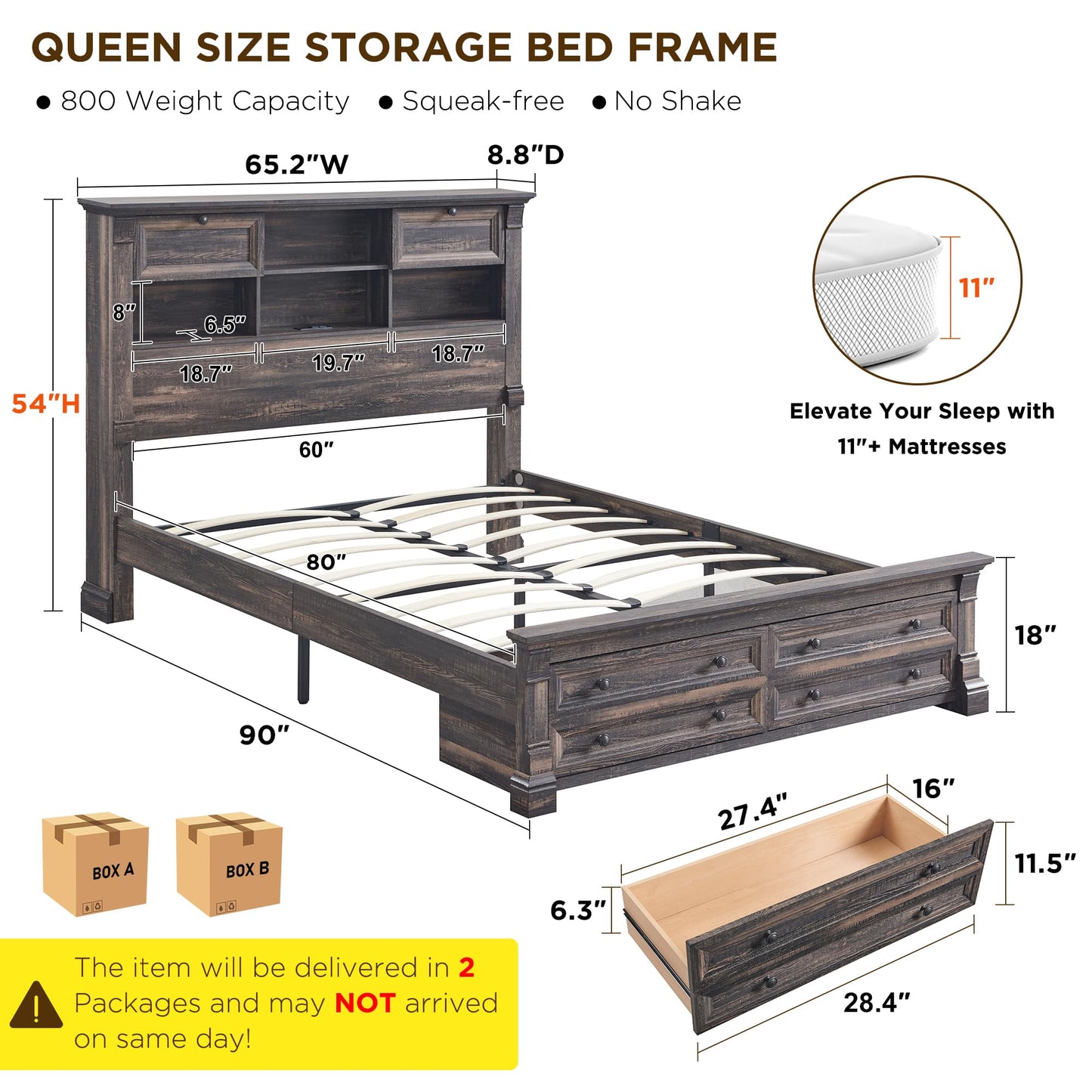 Farmhouse Queen Size Bed Frame with 54" Tall Storage Bookcase Headboard, Wood Platform Bed Frame with 18" Tall Roman Column Decoration Footboard & 2 Drawers(Dark Rustic Oak)