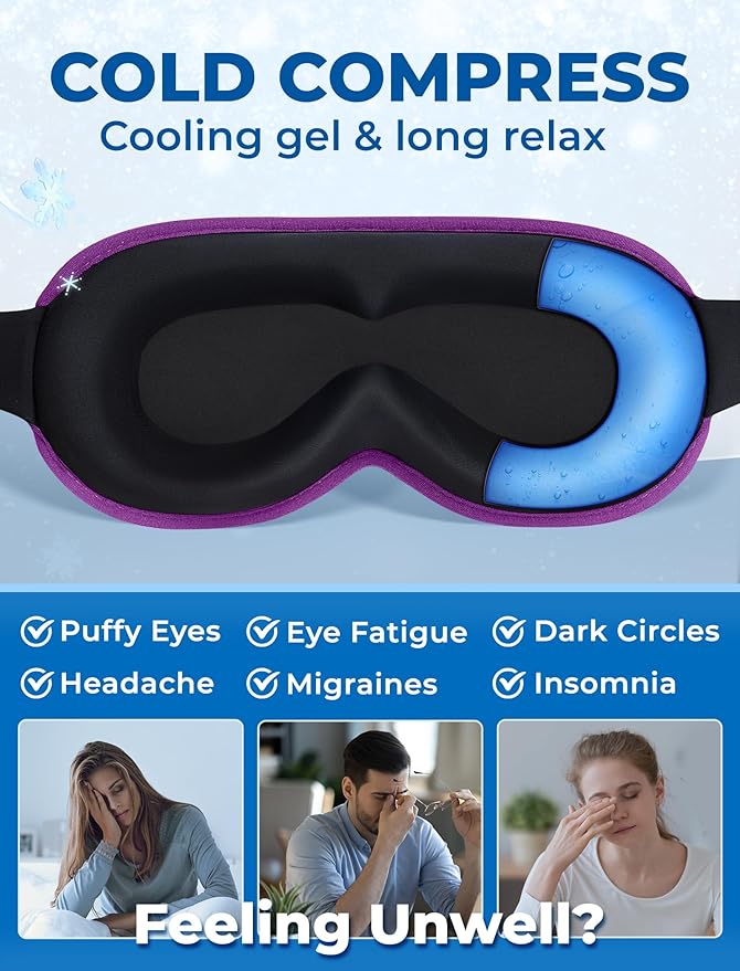 3D Gel Cooling Sleep Mask Blackout-Cold Eye Mask for Eye Compress, Cooling Weighted Eye Mask for Sleeping, Zero Eye Pressure, Ice Cold Pack, Cold Compress for Dry Eyes-Purple