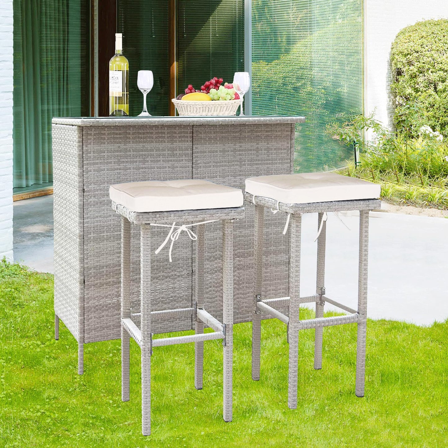 Rtbackyards 3Pcs Outdoor Bar Set, Patio Wicker Bar Furniture with 2 Storage Shelves, Glass Top Table, 2 Stools with Cushions for Patios, Backyards, Porches, Gardens, Lawn or Poolside