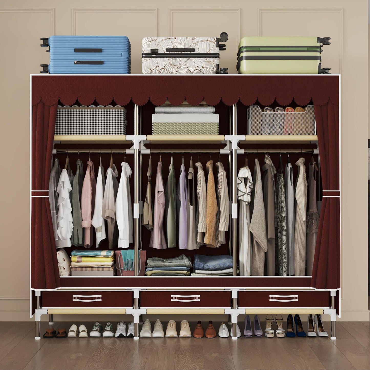 LEAIJIAFY Portable Wardrobe, Metal Frame with Crimson Non-Woven Cover, 3 Hanging Rods, 3 Drawers, 3 Lockers,Portable Wardrobe with Drawers, Clothing Storage, Bedroom