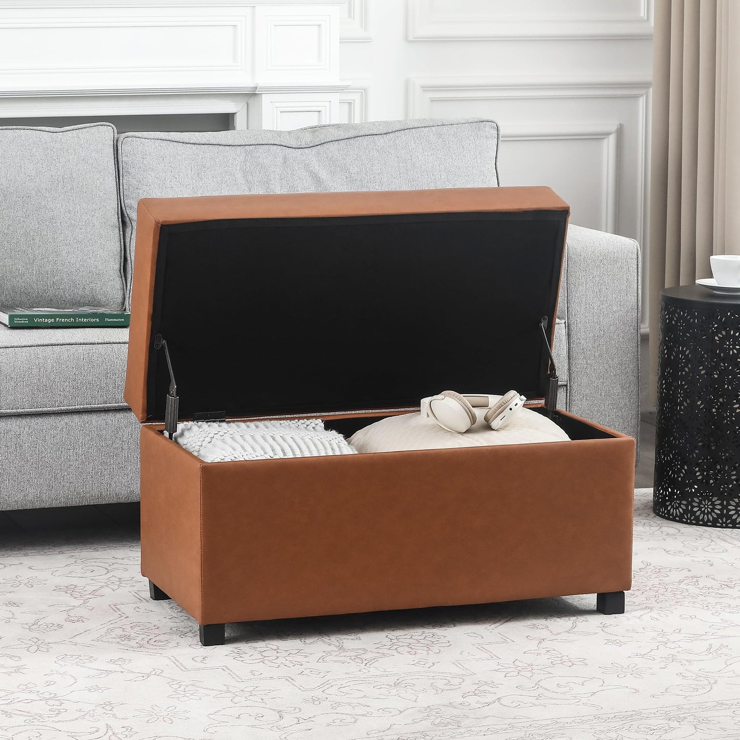 Joveco 32" Leather Storage Ottoman Bench, Rectangle Foot Rest Stool for Living Room, Bedroom, Entryway, Cognac Brown