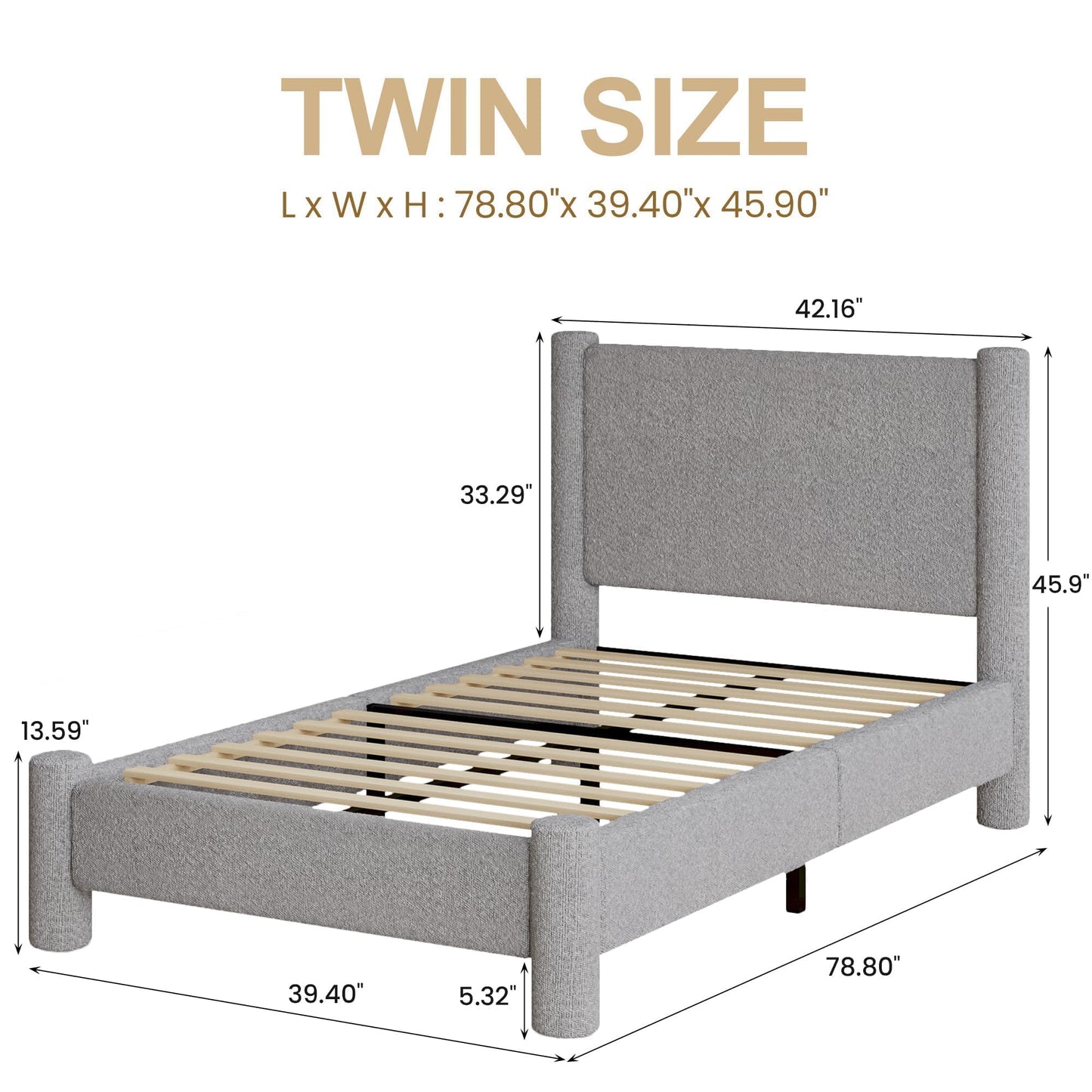 REVOMINCA Twin Size Bed Frame, Boucle Upholstered Platform Bed with Headboard and Footboard, Soft Rounded Corners, No Box Spring Required, Easy Assembly, Light Grey