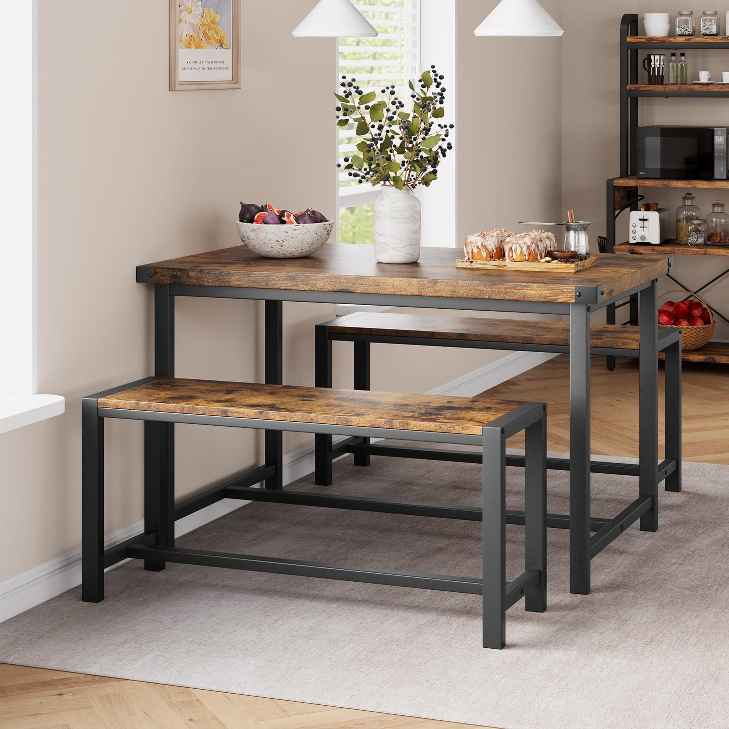 GarveeHome Dining Table Set for 4, Kitchen Table with 2 Metal Wood Benches, Rectangular Room Dining Table Set, 3 Piece Bench Table Set for Small Space, Apartment, Studio, Rustic Brown