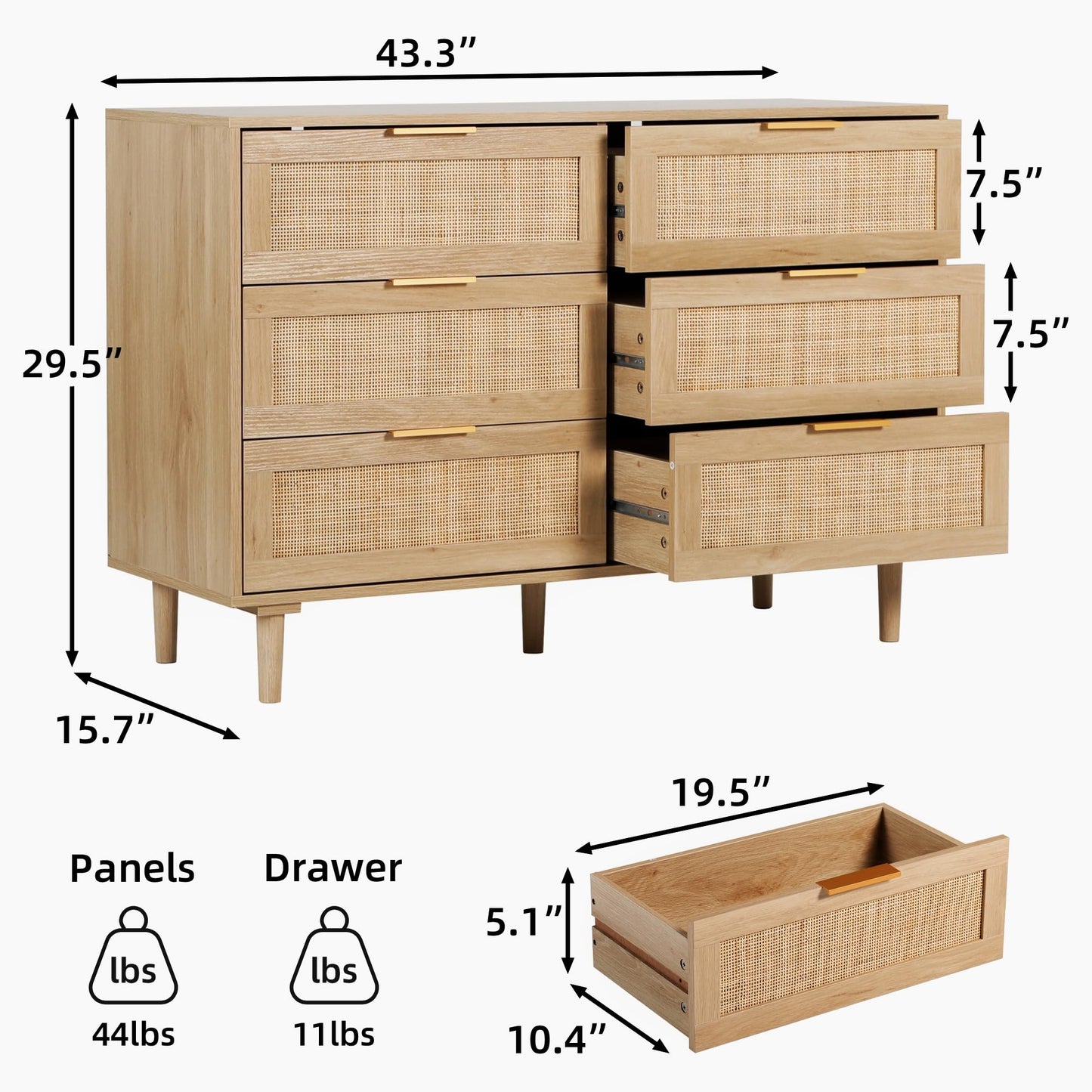 FUQARHY Rattan Dresser for Bedroom, Modern 6 Drawer Double Dresser with Gold Handles, Wood Storage Chest of Drawers fo Bedroom,Living Room,Hallway (Natural)