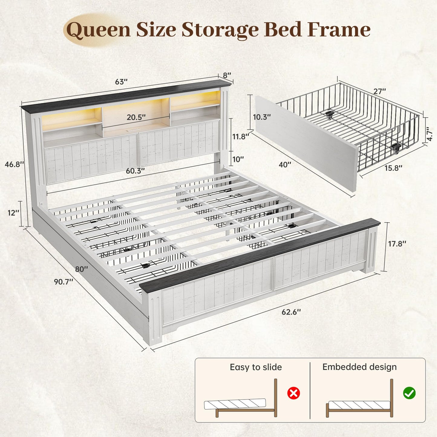 EnHomee Queen Bed Frame with Headboard, Bed Frame Queen Size with 4 Drawers Charging Port & LED, Farmhouse Queen Bed Built in Charging Station,No Box Spring Needed,NO Noise,White with Grain Marks