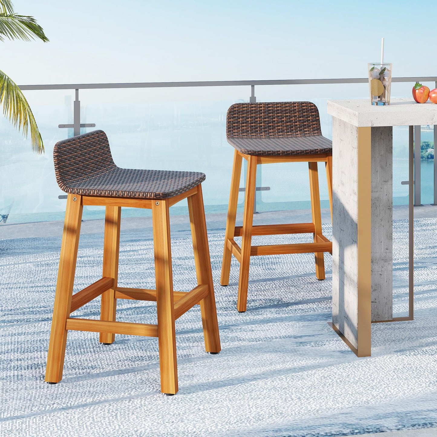 Tangkula Solid Acacia Wood Bar Stools Set of 2, Rattan Bar Height Patio Chairs with Footrests, Outdoor Seating for Porch, Balcony, Garden, Backyard (Mix Brown,1)