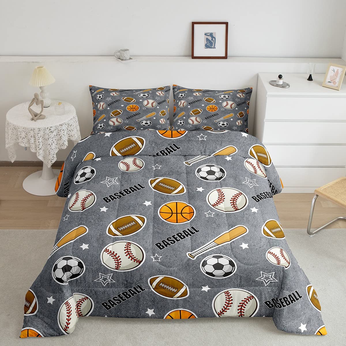 Boys Ball Sports Themed Bedding Set Twin Size Baseball Bat Soccer and American Football Comforter Set 2pcs Kids Teens Cartoon Grey Quilted Duvet Ball Sports Games Bedspread Modern Bedroom Decor