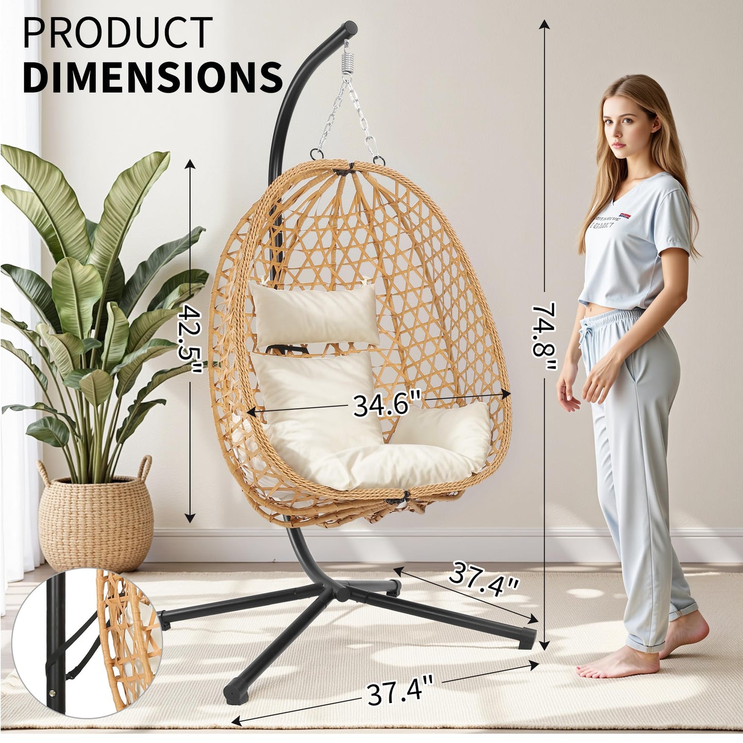 LEX CRAFT Egg Chair with Stand, Patio Wicker Hanging Chair, Hammock Swing Chair, 350LBS Capacity for Bedroom, Balcony, Garden (YE-BE)