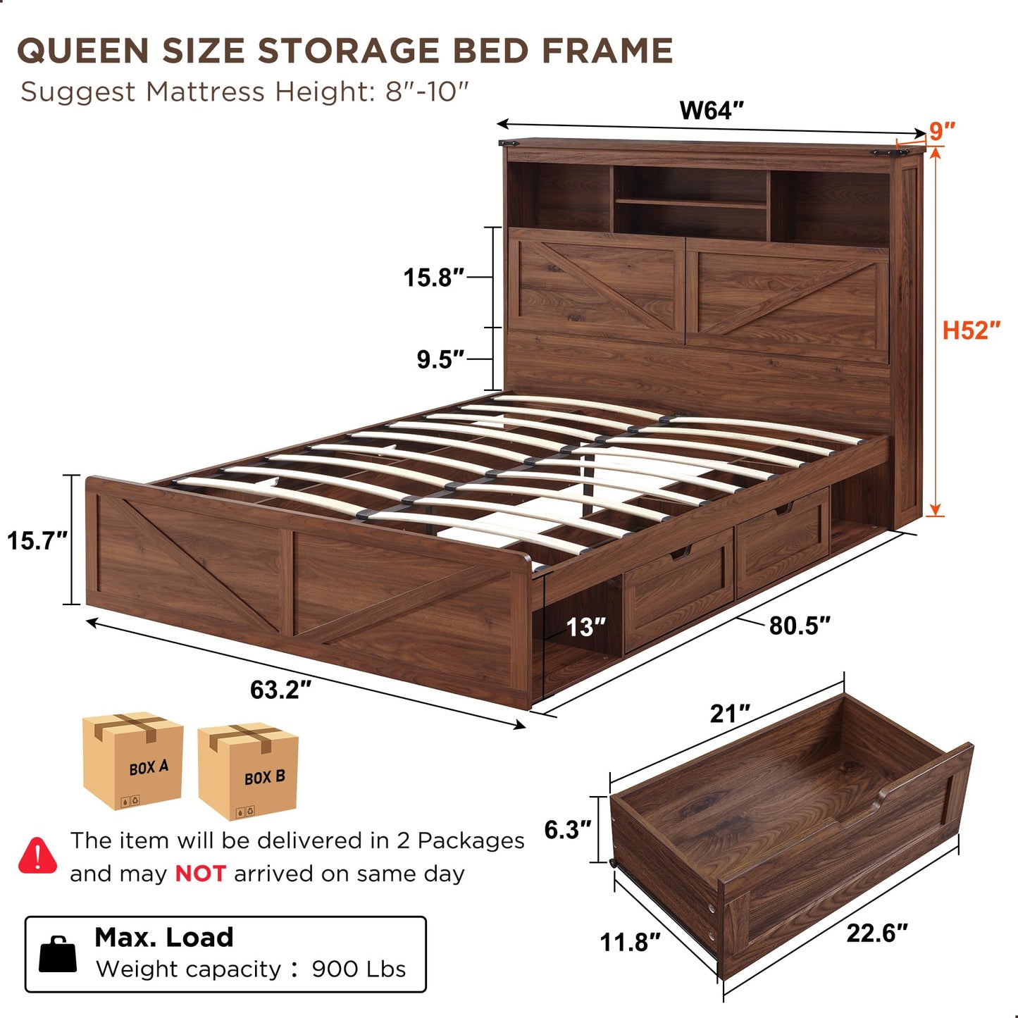 ACCOHOHO Queen Size Wood Bed Frame Farmhouse with 52" Tall Storage Bookcase Headboard, LED Light,Charging Station,4 Drawers and Solid Wood Slats Support,Noiseless,No Box Spring Needed - Brown
