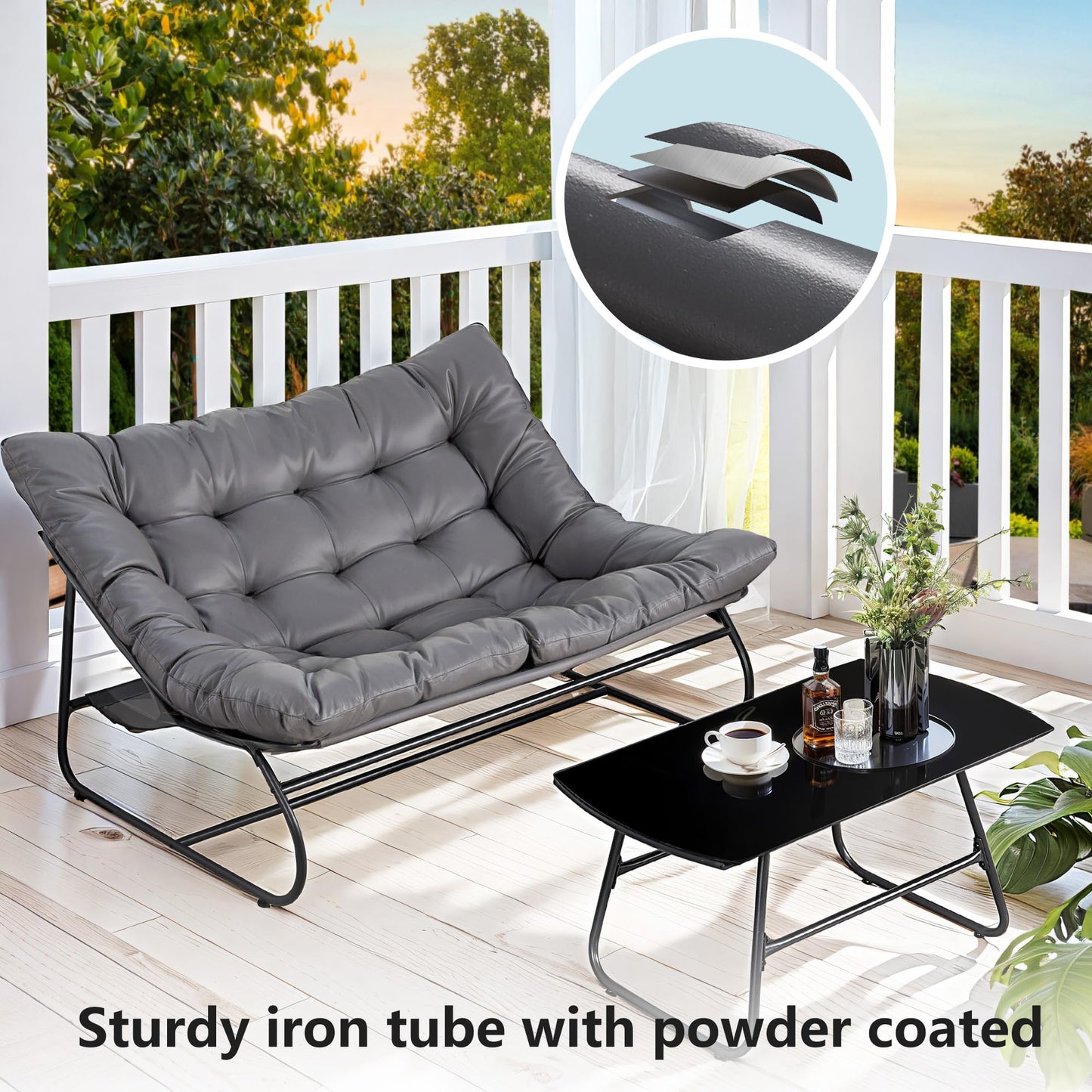 Patio Loveseat with Coffee Table, 2 Seater Oversized Outdoor Couch with Soft Cushion, 2 Pieces Patio Furniture Set, Outdoor Indoor Loveseat with Metal Frame for Porch, Garden, Living Room, Balcony