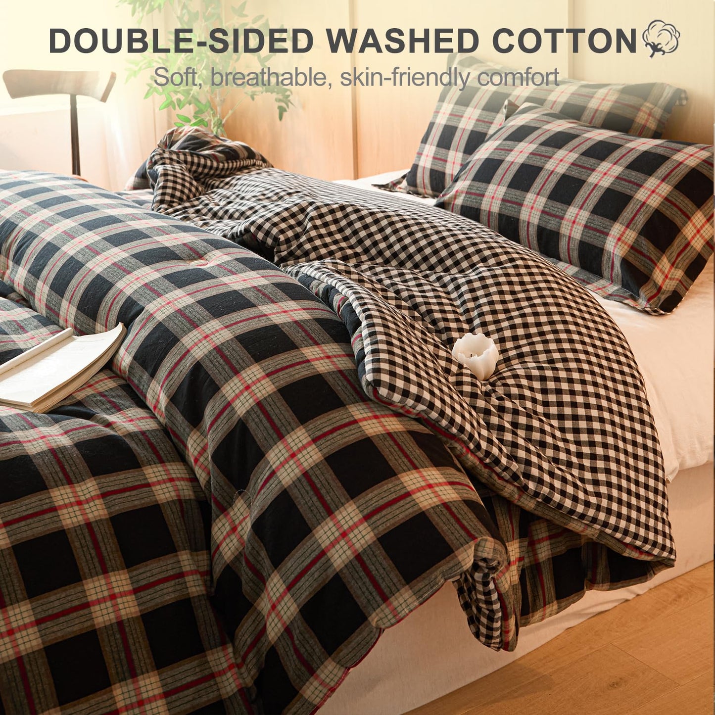 hadamick 100% Cotton Comforter Set Twin Size – Reversible Yarn-Dyed Checkered Design, Soft Washed Cotton on Both Sides, Lightweight All-Season Bedding, Machine Washable(Black Red Plaid, 68”x90”)