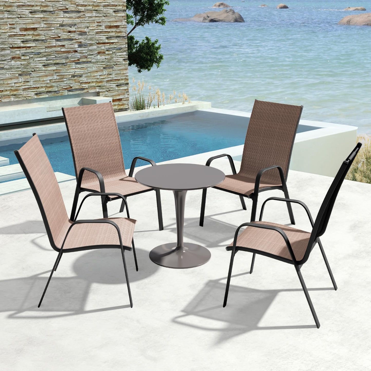 JEAREY Patio Dining Chairs Set of 4, Outdoor Stackable Dining Furniture Set, All Weather Dining Set for Lawn, Garden, Backyard, Poolside, Brown