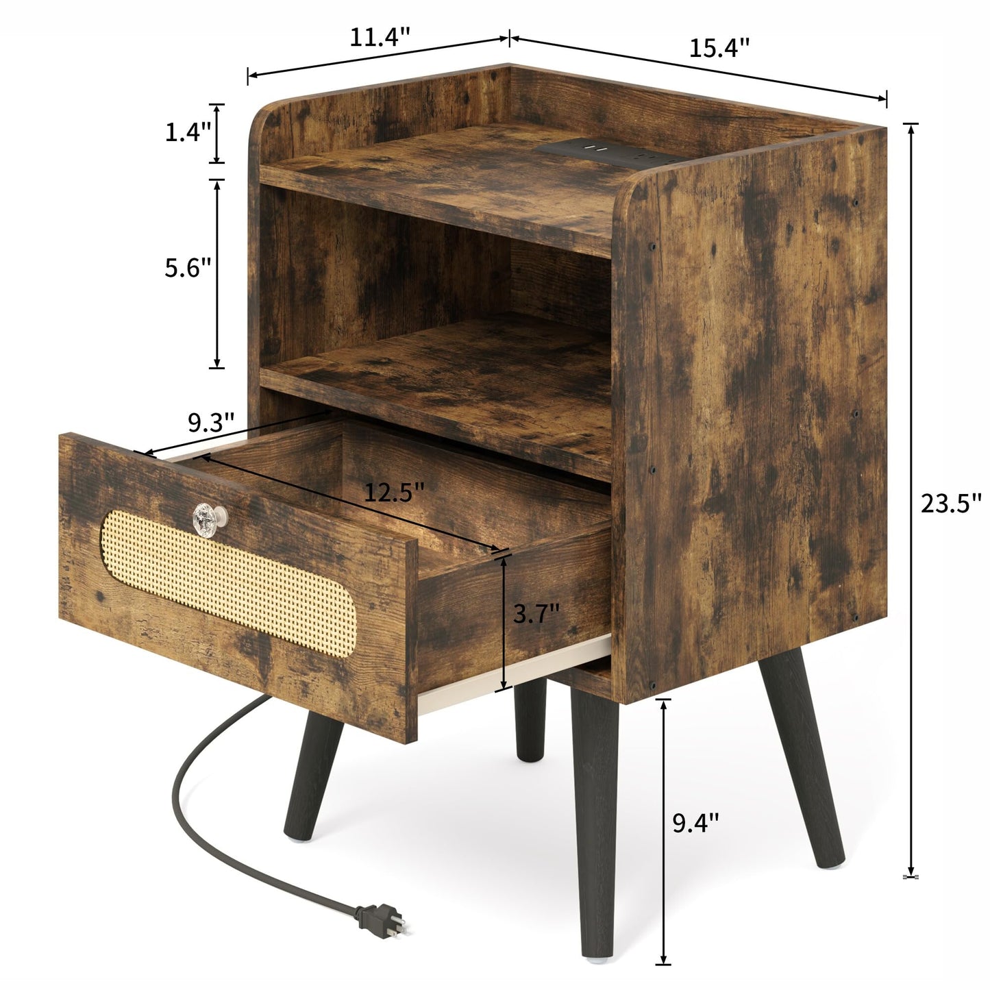 AGDULL End Table with Diamond Handle, Nightstand/Bedside Table with Charging Station, Rustic Brown