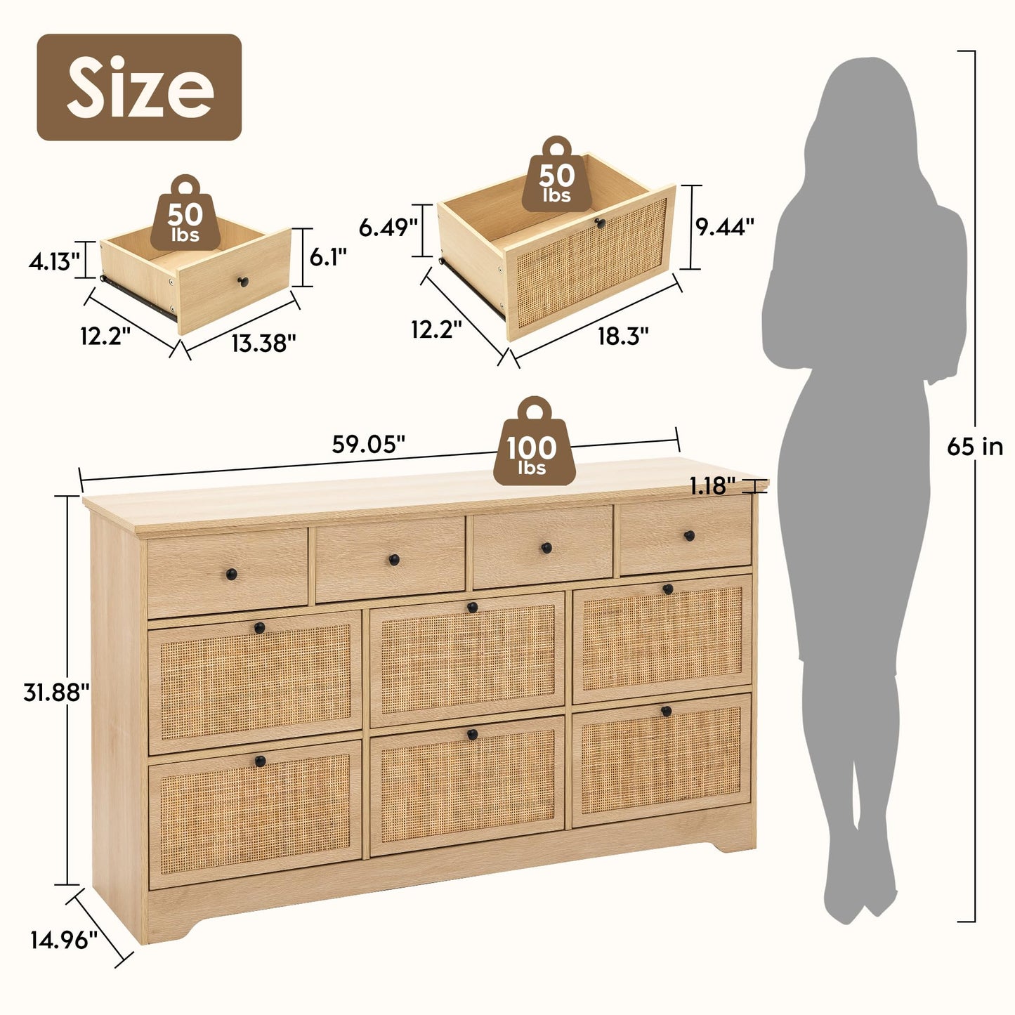 Brafab 10 Drawer Rattan Dresser for Bedrroom, 59" Wide Natural Wood Dressers, Long Boho Chest of Drawers, Mid-Century Light Oak Dresser TV Stand, Large Clothes Storage Cabinet