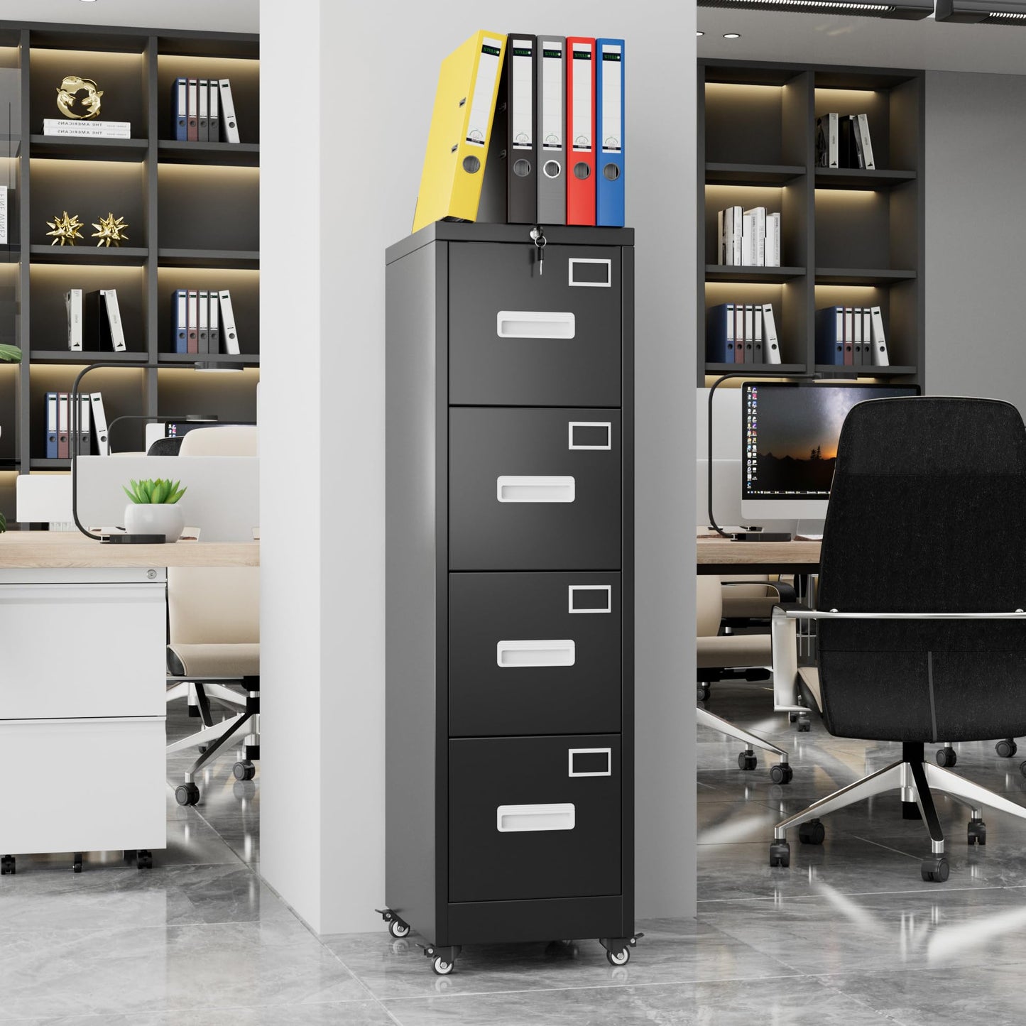 Aobabo 56" H 4 Drawer Moblie Office File Cabinet with Lock, Rolling Metal Filing Storage Cabinet, Legal/Letter A4 Sizel, Black, Assembly Required
