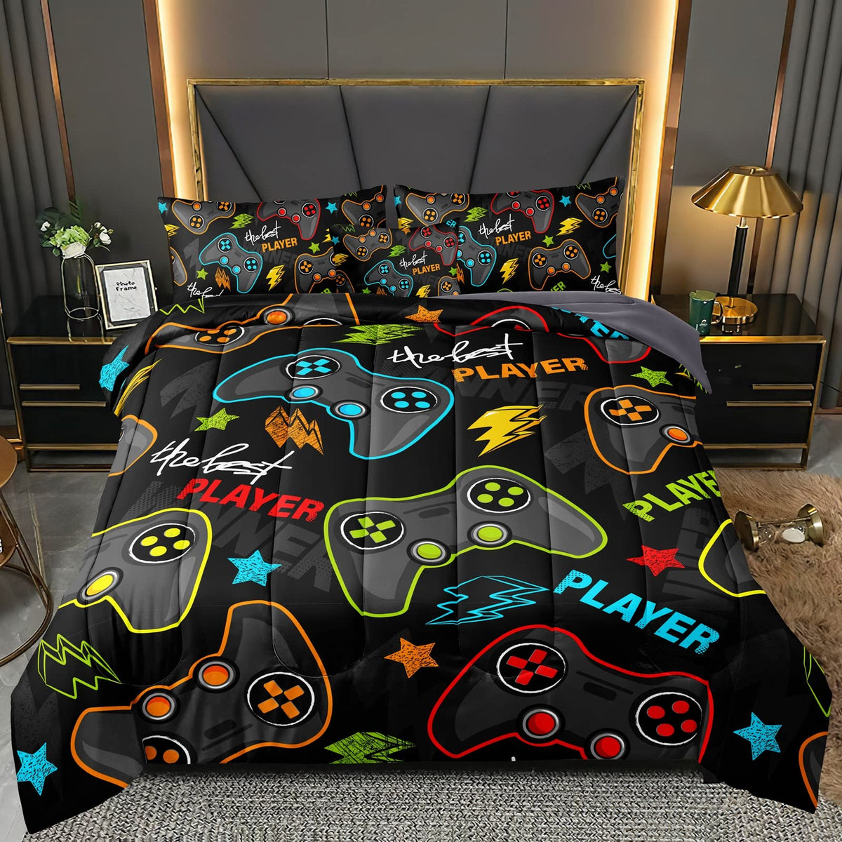 BDUCOK 5 pieces Gamer Comforter Set for Boys Gaming bedding set Twin Size,Video Game Controller Comforter for Boys Kids Adult 3D Gamepad Microfiber Bed in A Bag Sets3011,Twin