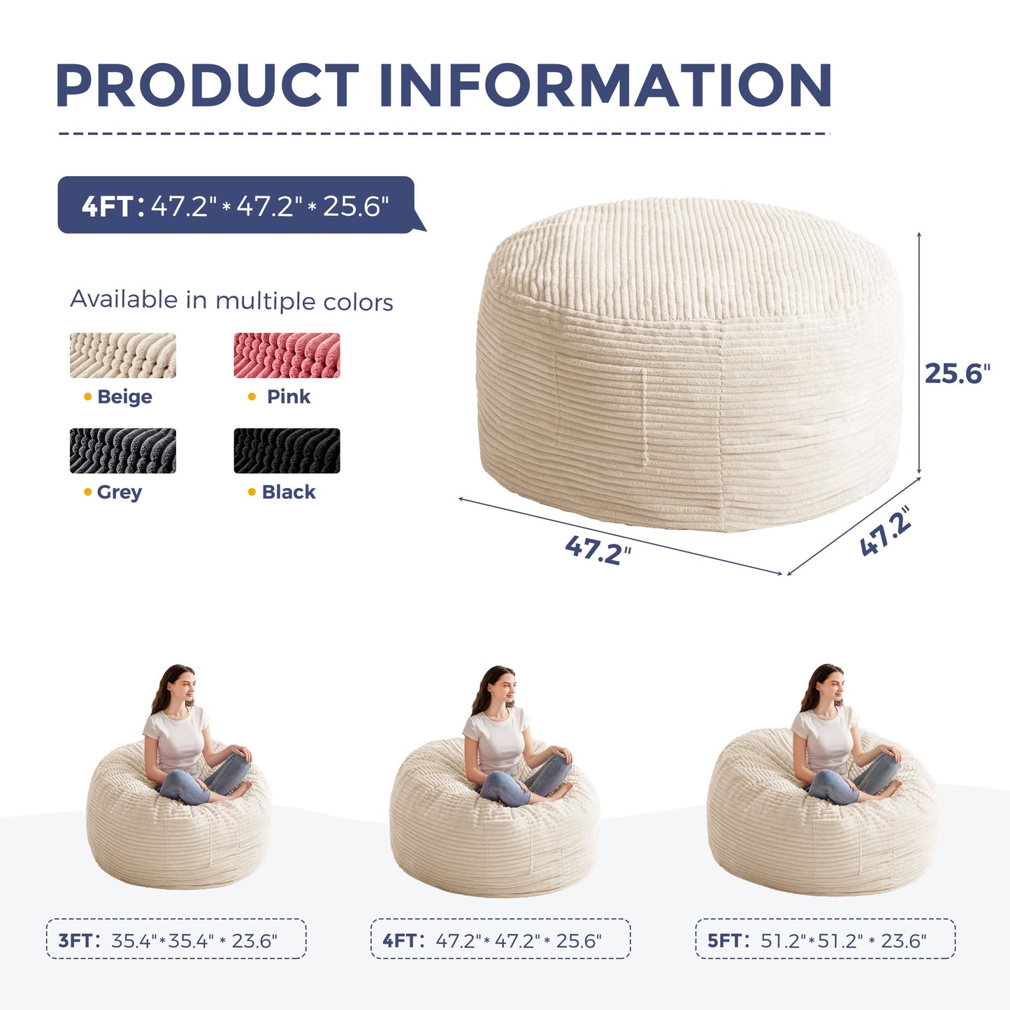 MAXYOYO Bean Bag Chair for Adults, Large 4 ft Bean Bag Chair with Foam Filling, Ultra Soft Fur Lazy Sofa for Living Room, Bedroom, Machine Washable Cover