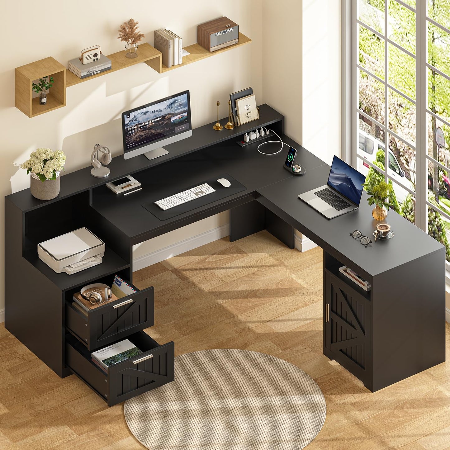 YOMILUVE 63" Farmhouse L Shaped Desk with Drawers & Storage Shelf, Corner Computer Desk with Power Outlets for Home Office, Executive Desk with Monitor Stand, Printer Shelf, Black