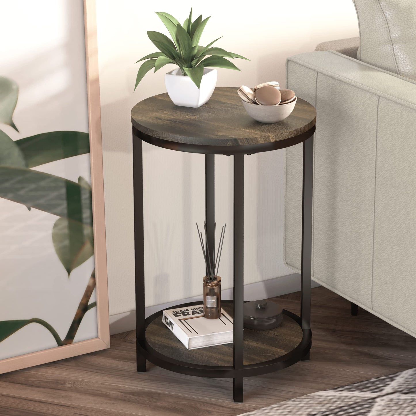 NSdirect Round Side Table Set of 2,16in Rustic Wooden End Table Surface Top & Sturdy Metal Legs Nightstand for Living Room Bedroom Farmhouse Sofa Table with Storage Open Shelf,Rustic Brown