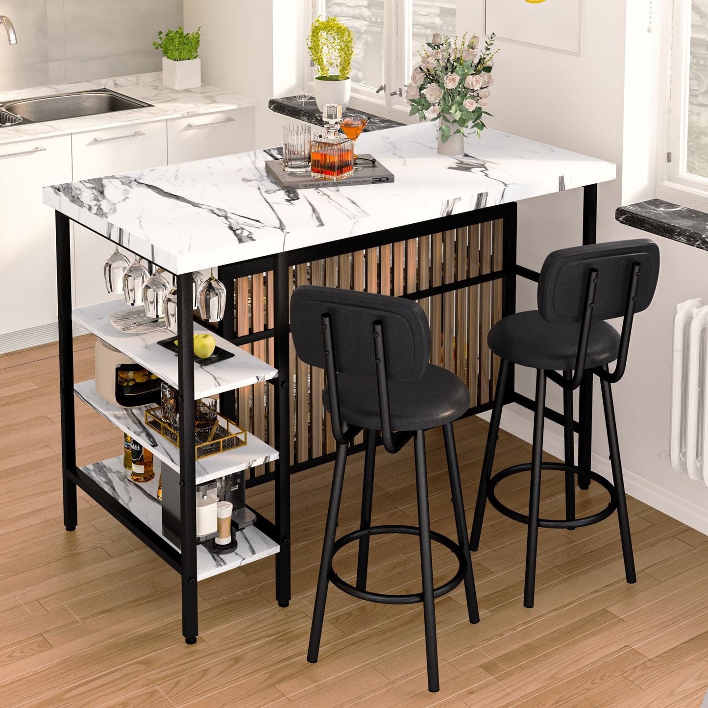 Recaceik Kitchen Island with Storage Small Dining Table for 2, Bistro Table and Chairs Set of 2 W/ 5 Shelves with PU Stools (White)