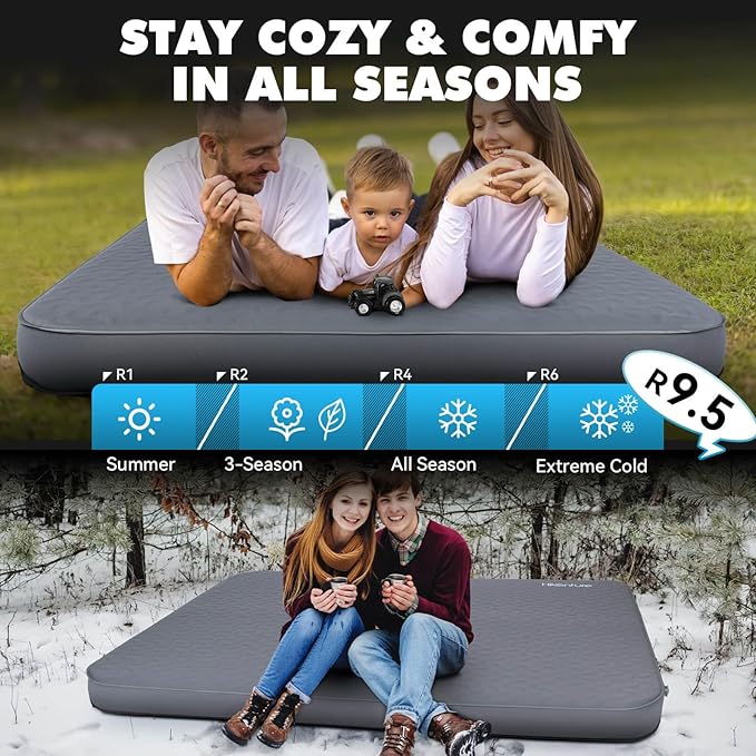 Hikenture 4" Thick Self Inflating Sleeping Pad, Ultralight Foam Camping Mattress 2 Person, 9.5 R-Value Insulated Sleeping Mat with Pump Sack, Portable Double Camping Pad for Tent, Car, Truck