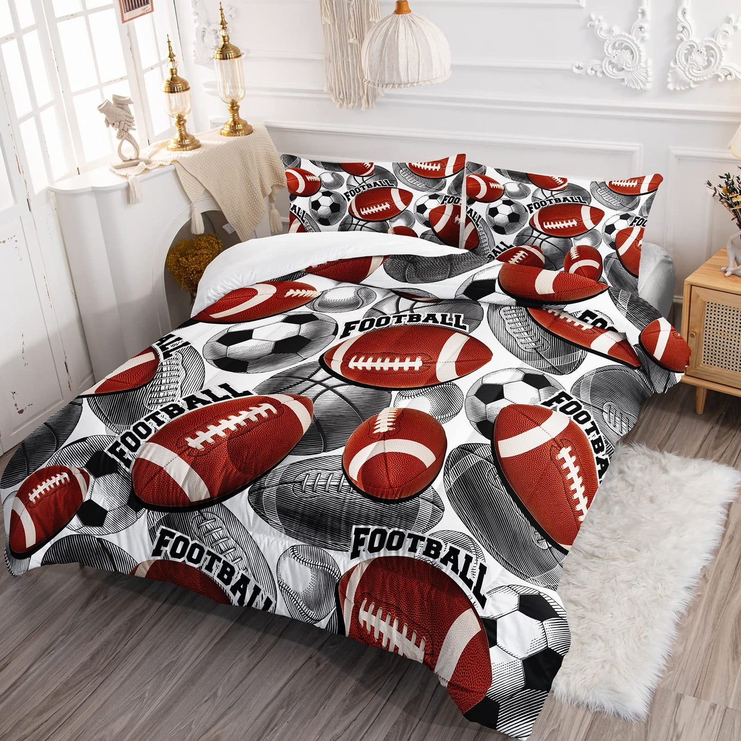BailiPromise Ball Games Bedding Sets Basketball Football Comforter Set Sports Down Comforter Baseball Tennis Duvet Sets with 1 Comforter and 2 Pillowcases Queen for Kids Boys Room