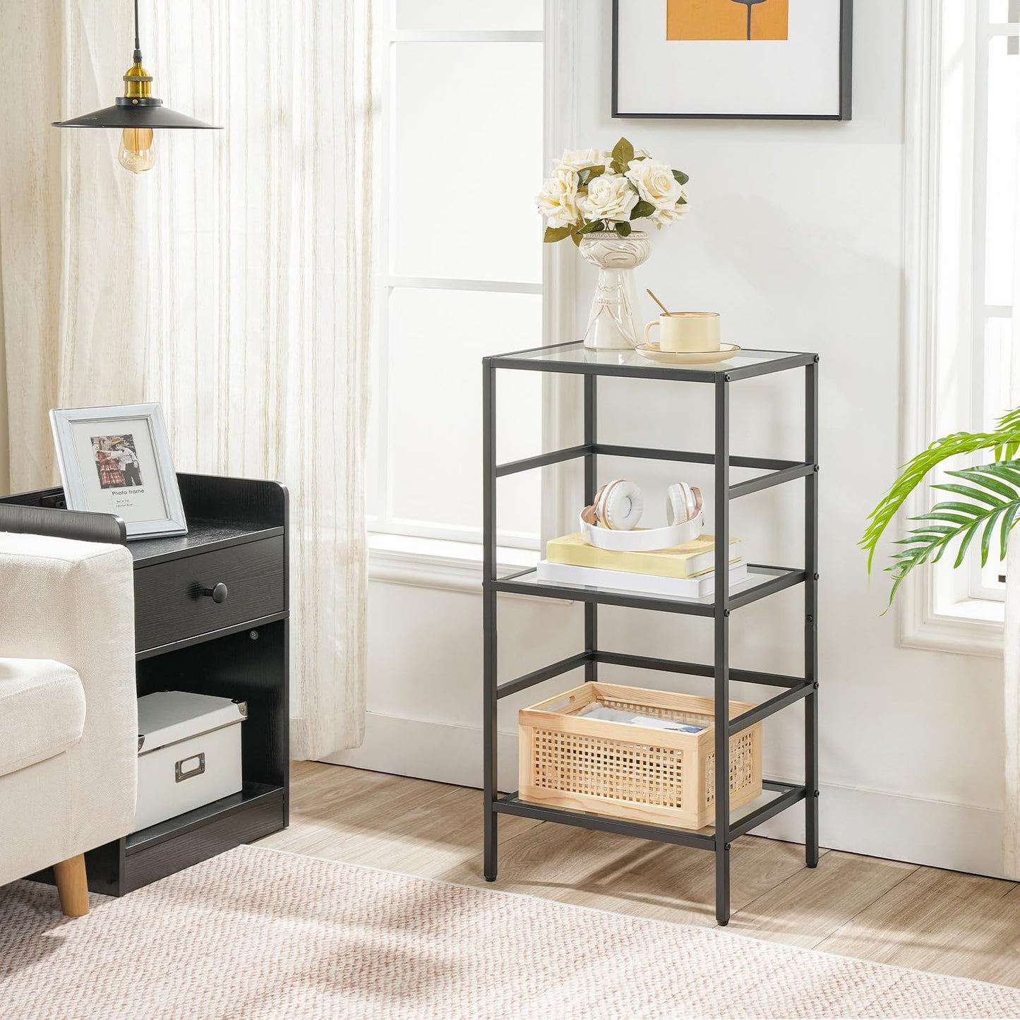 HOOBRO 3-Tier Bookcase, Tempered Glass Bookshelves, Record Storage Rack with Side Fence, Storage Shelves for Bathroom, Slim Shelving Unit for Living Room, Home Office, Black BK81CJ01