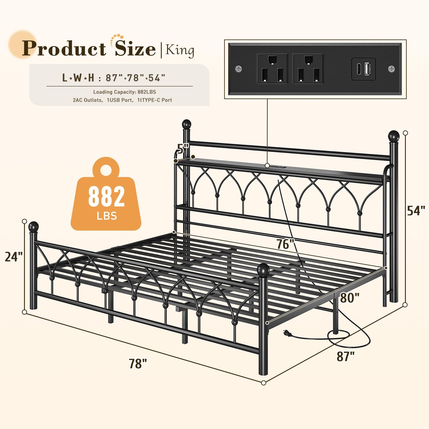 EnHomee King Bed Frame with Headboard, Metal King Size Bed Frame with LED Lights and Power Outlets, Heavy Duty Steel Slats Support with Storage, Sturdy & Noise-Free, No Box Spring Needed, Black
