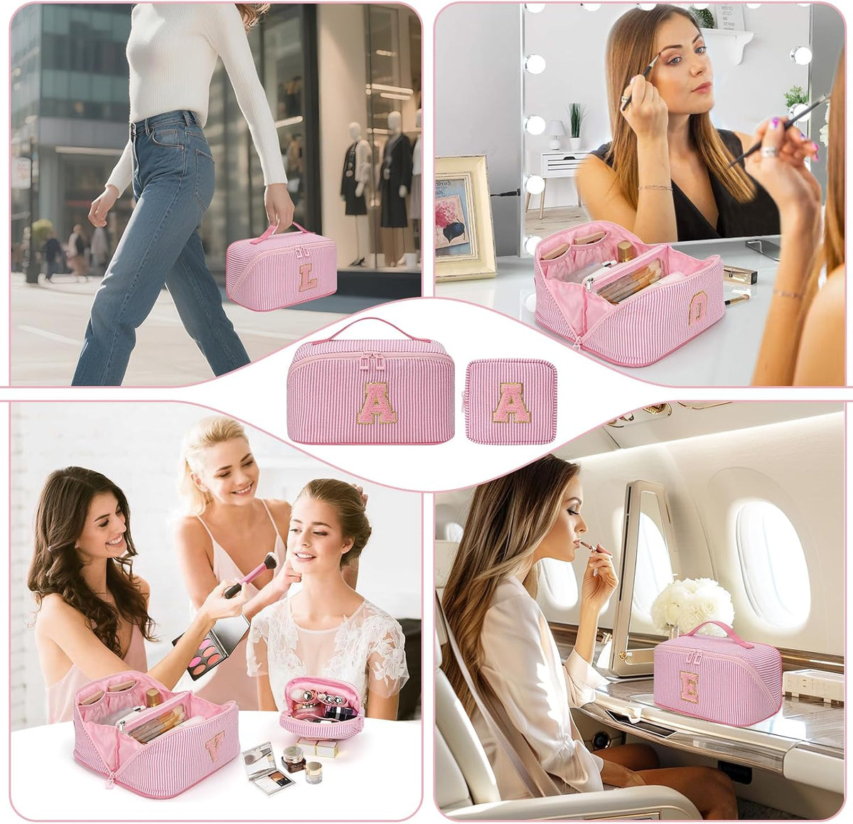 Travel Makeup Bag for Women, 2Pcs Portable Personalized Initial Makeup Organizer Bag, Open Flat Large Cosmetic Bag With Travel Essential Pouch (Pink Letter L)