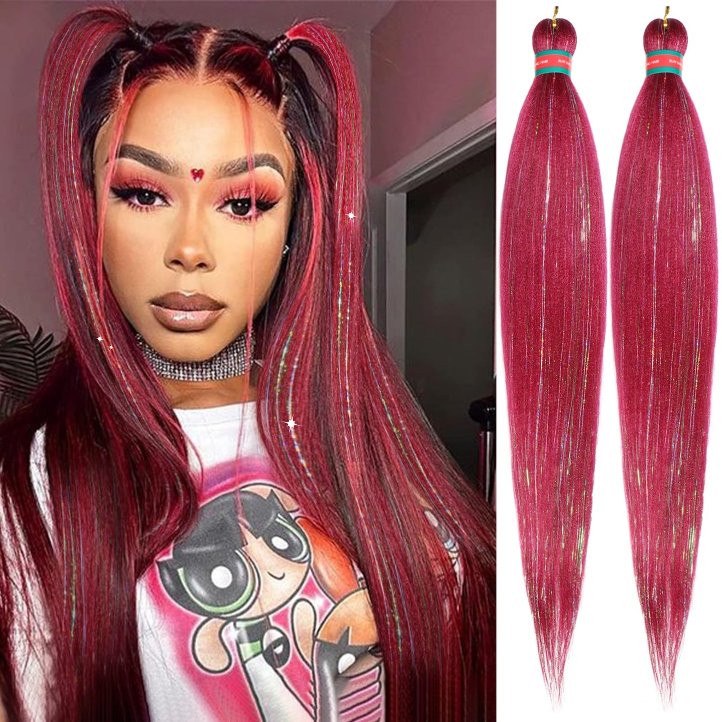 RUN SHUI Rose Red Mix Tinsel Pre stretched Braiding Hair 2 Packs Pre feathered Braid Hair Extensions 30 Inches Hair Braids