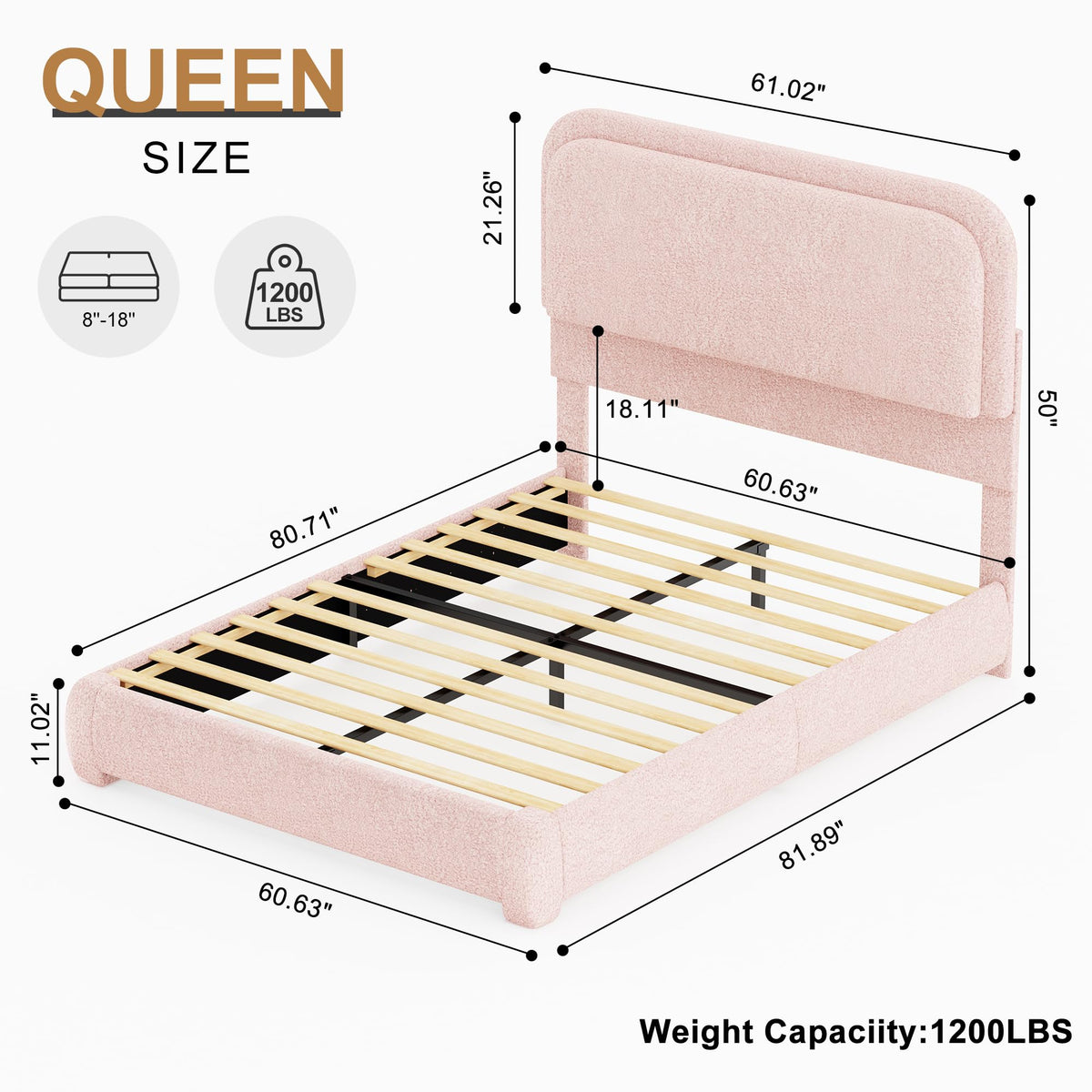Queen Bed Frame, Soft Teddy Fleece Upholstered Platform Bedframe with Thickened Rounded Corners Headboard Footboard, Modern Curved Shaped Cloud Bed Frame with LED Lights, No Box Spring Needed, Pink