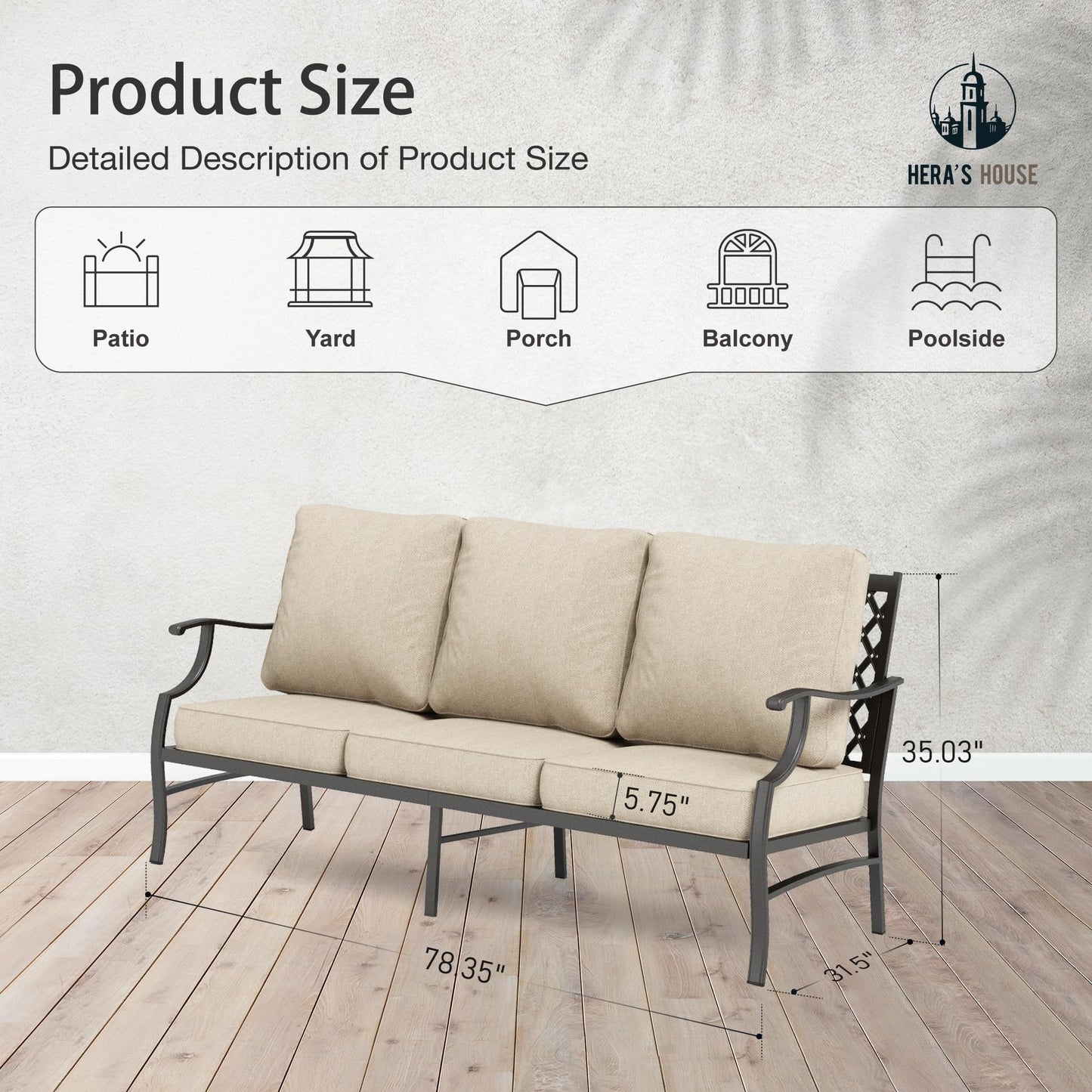 HERA'S HOUSE Patio Furniture Sofa, All-Weather Outdoor 3 Seats Couch, Outdoor Patio Couch with Deep Seating and Olefin Cushions for Lawn Garden Backyard Balcony