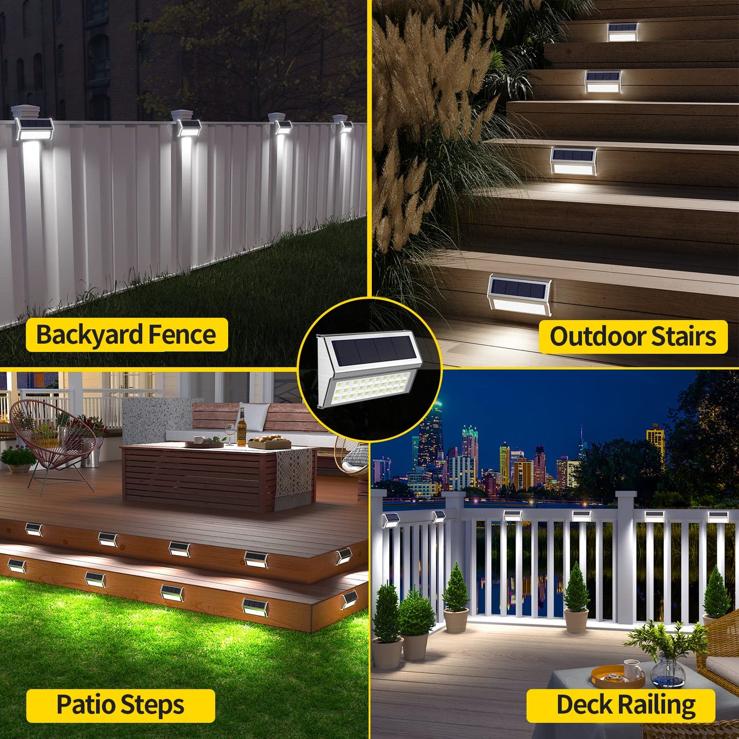 ROSHWEY Solar Lights Outdoor, 10 Pack 30 LED Fence Lights Waterproof Solar Powered Deck Post Lamps Stainless Steel Outside Step Lighting for Backyard Yard Walkway Stairs, Cool White Light