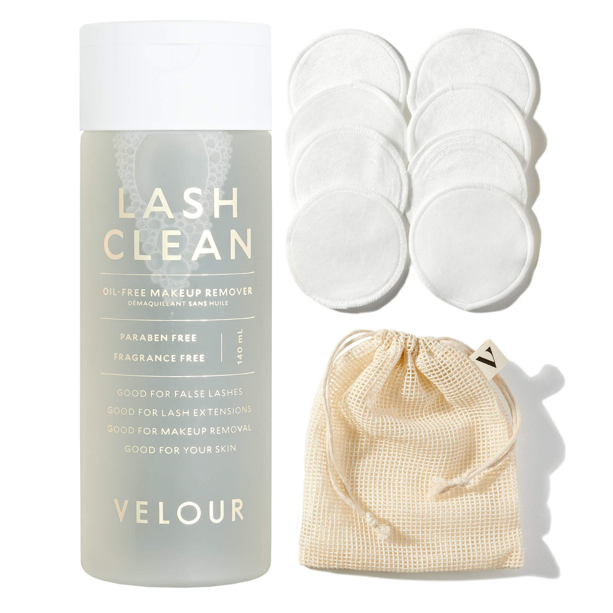 Velour Lash Clean and Reusable Cotton Round Bundle, Oil Free Liquid Makeup Remover for Eyes, False Lashes & Face, 140ml & Reusable 8ct Cotton Rounds